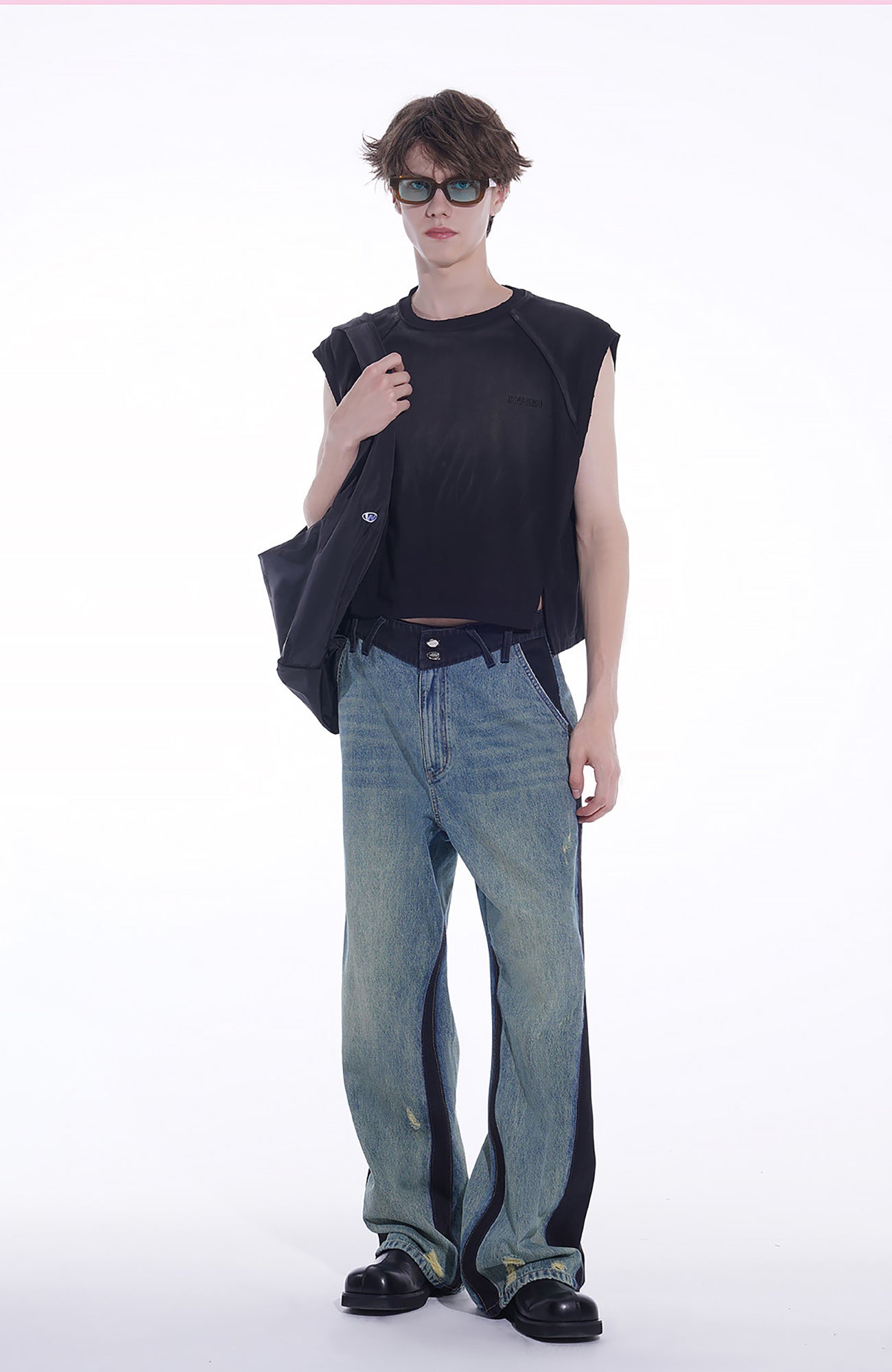 TIWILLTANG Distressed Contrast Paneled Wide-Leg Jeans, premium urban and streetwear designers apparel on PROJECTISR.com, TIWILLTANG