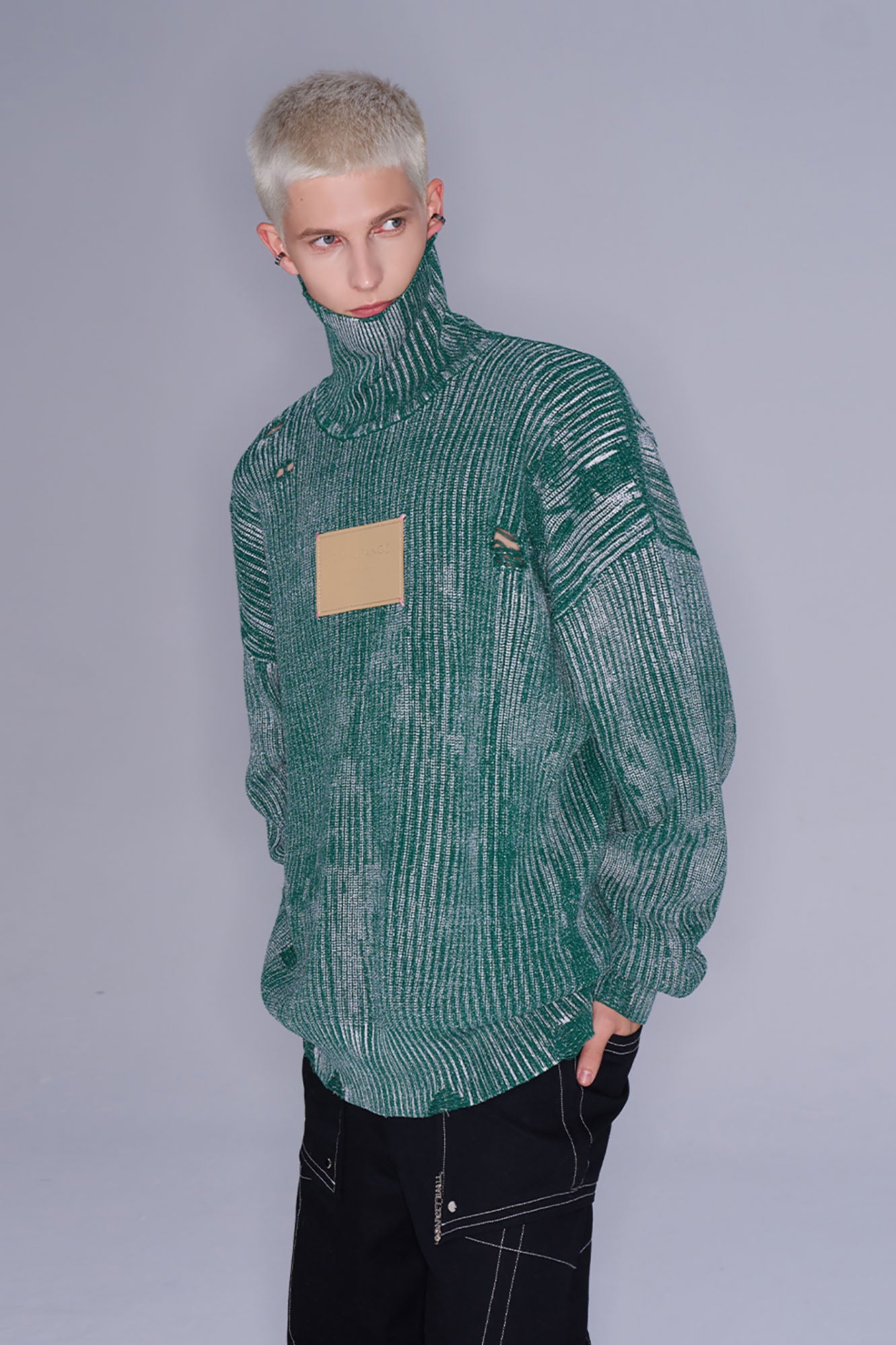 TIWILLTANG Distressed Foil High-Neck Sweater