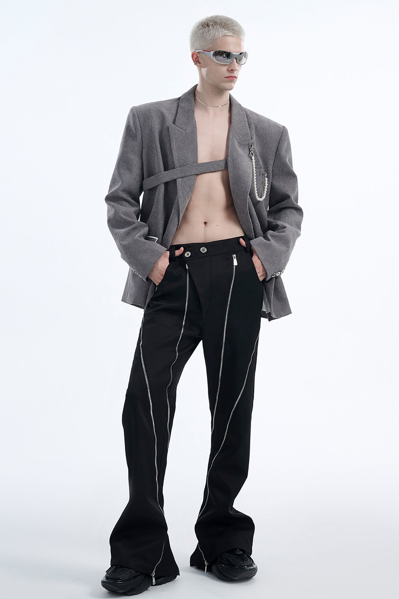 TIWILLTANG Asymmetrical Strap Pearl-Chain Corduroy Blazer