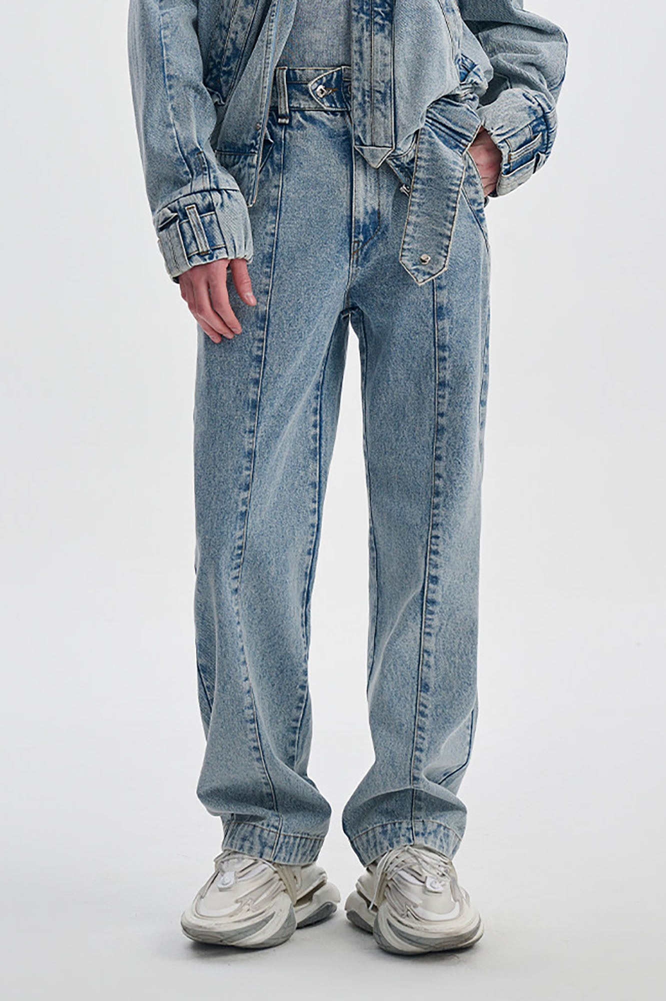 TIWILLTANG Washed Middle Panel Straight-Leg Jeans