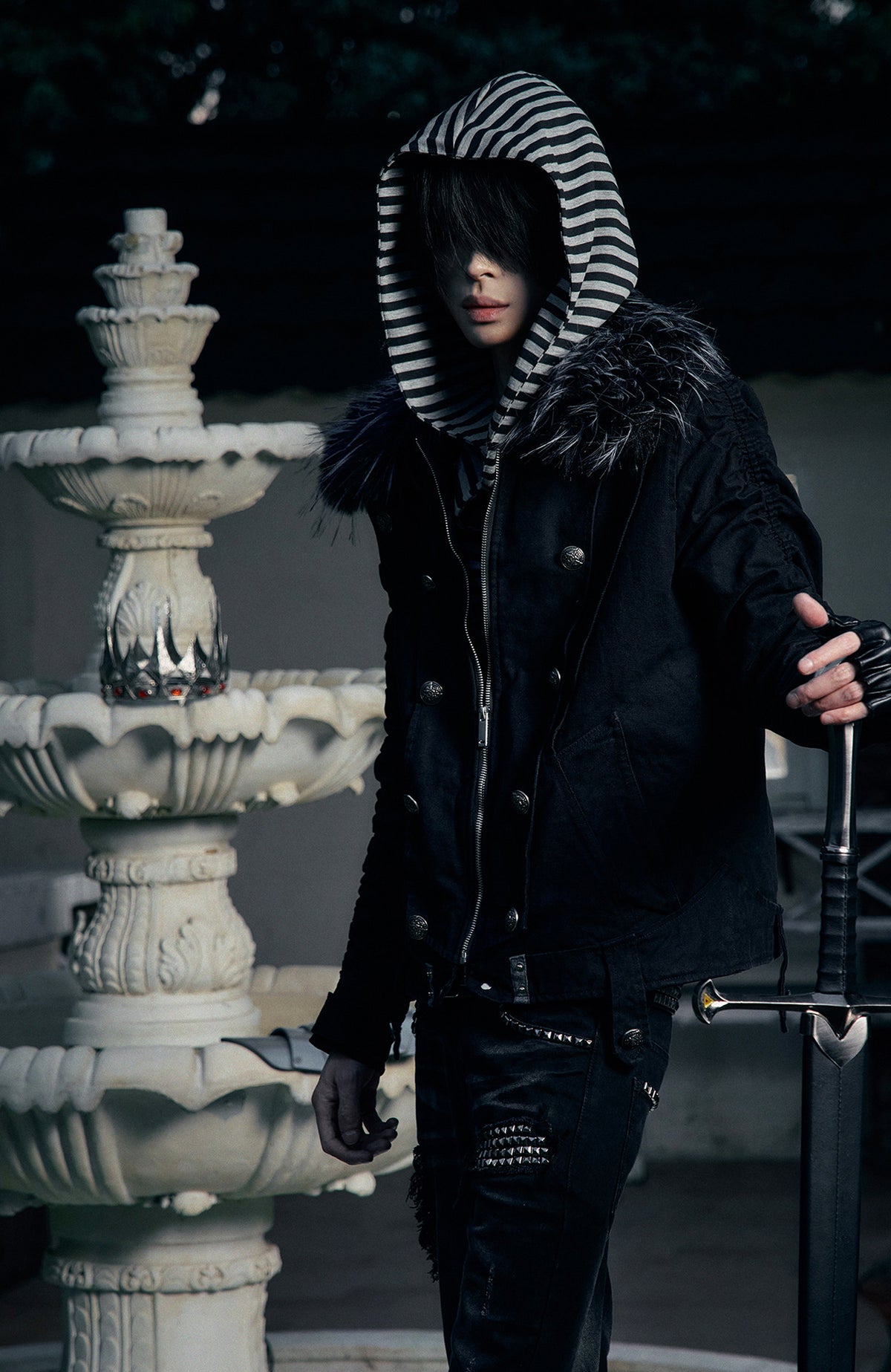 PAIKI Detachable Fur-Collar Canvas Double-Breasted Jacket