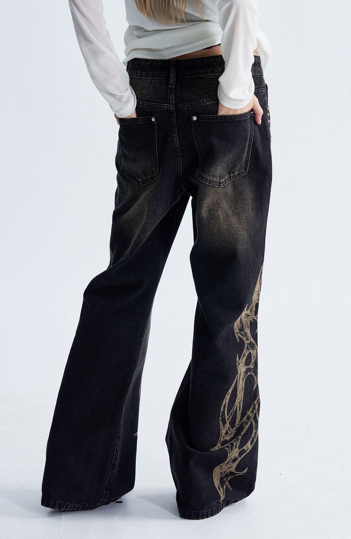 PAIKI Flame Totem Rivet Washed Straight-Leg Jeans