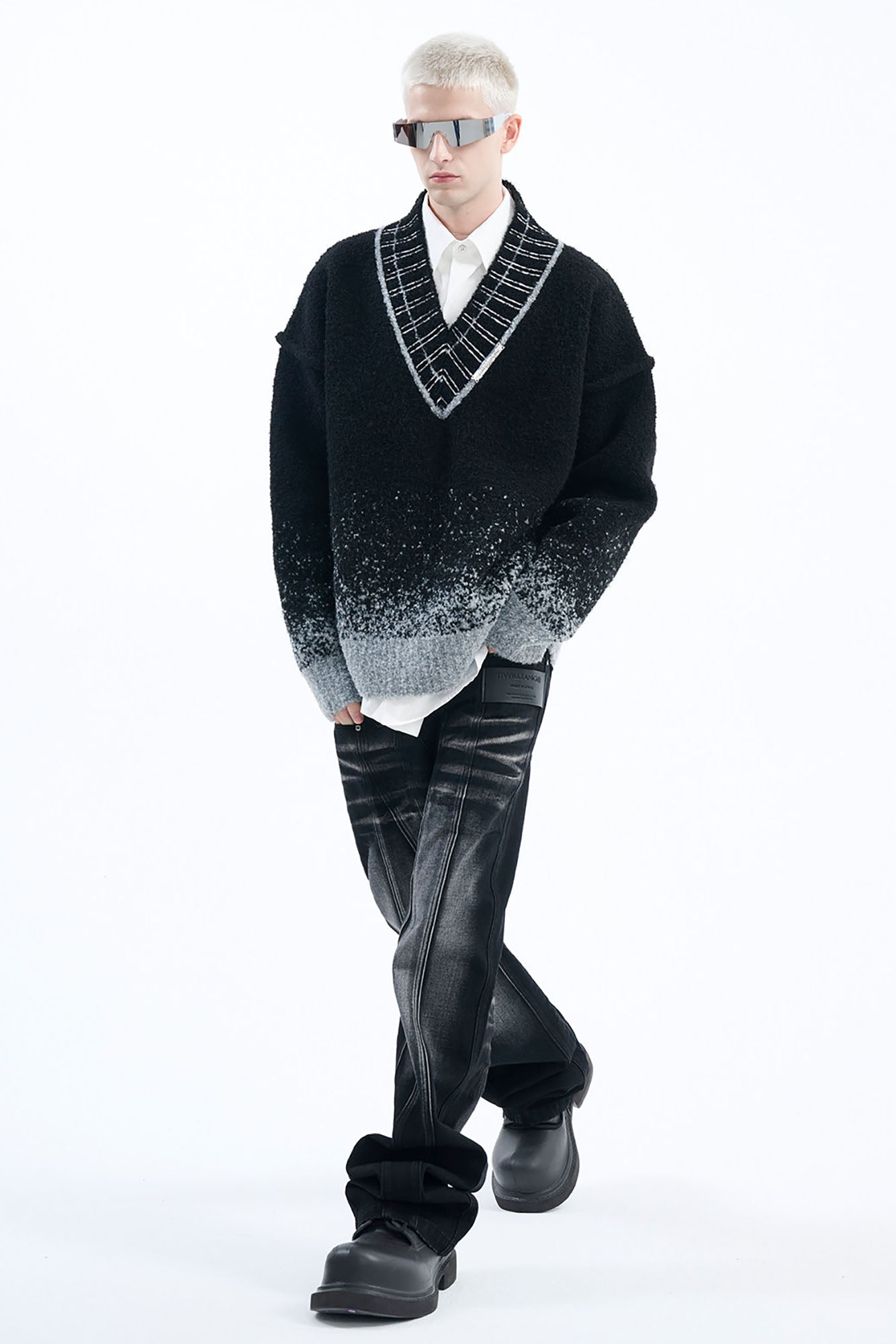 TIWILLTANG Whiskering Washed Panel Straight-Leg Jeans, premium urban and streetwear designers apparel on PROJECTISR.com, TIWILLTANG