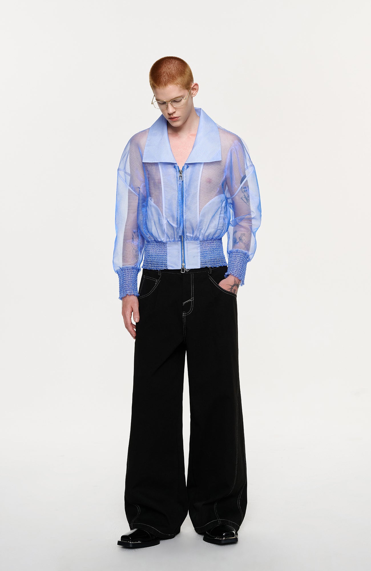 TIWILLTANG Sheer Zip-Up Cropped Jacket