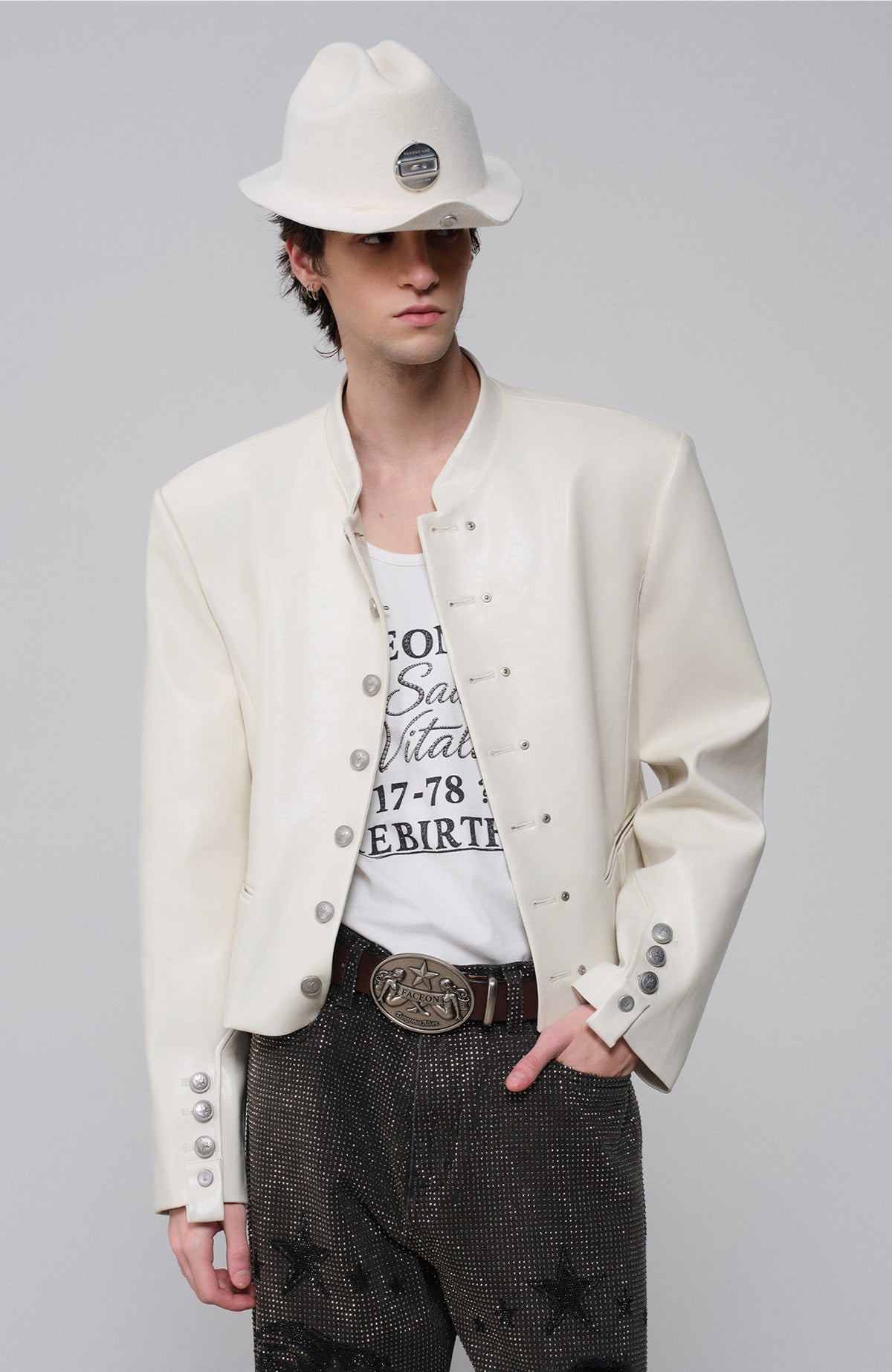 FACEONLAB Faux Leather Stand-Collar Biker Jacket