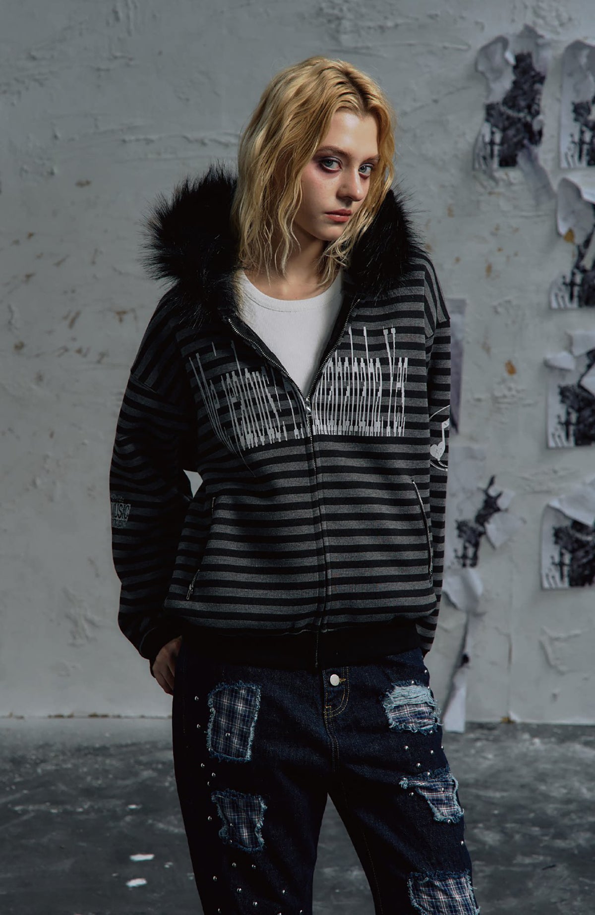 PAIKI Striped Ribbed Hooded Cardigan Sweater