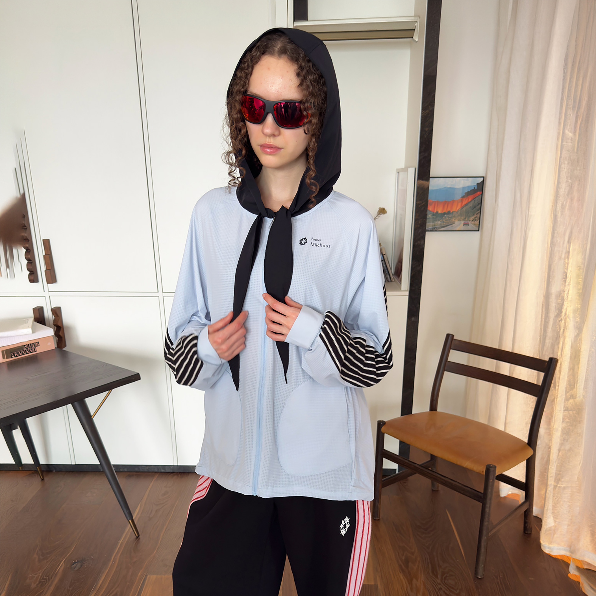 MIICHOUS Contrast Stripes Hooded Tie-Neck Sun Protection Jacket, premium urban and streetwear designers apparel on PROJECTISR.com, MIICHOUS