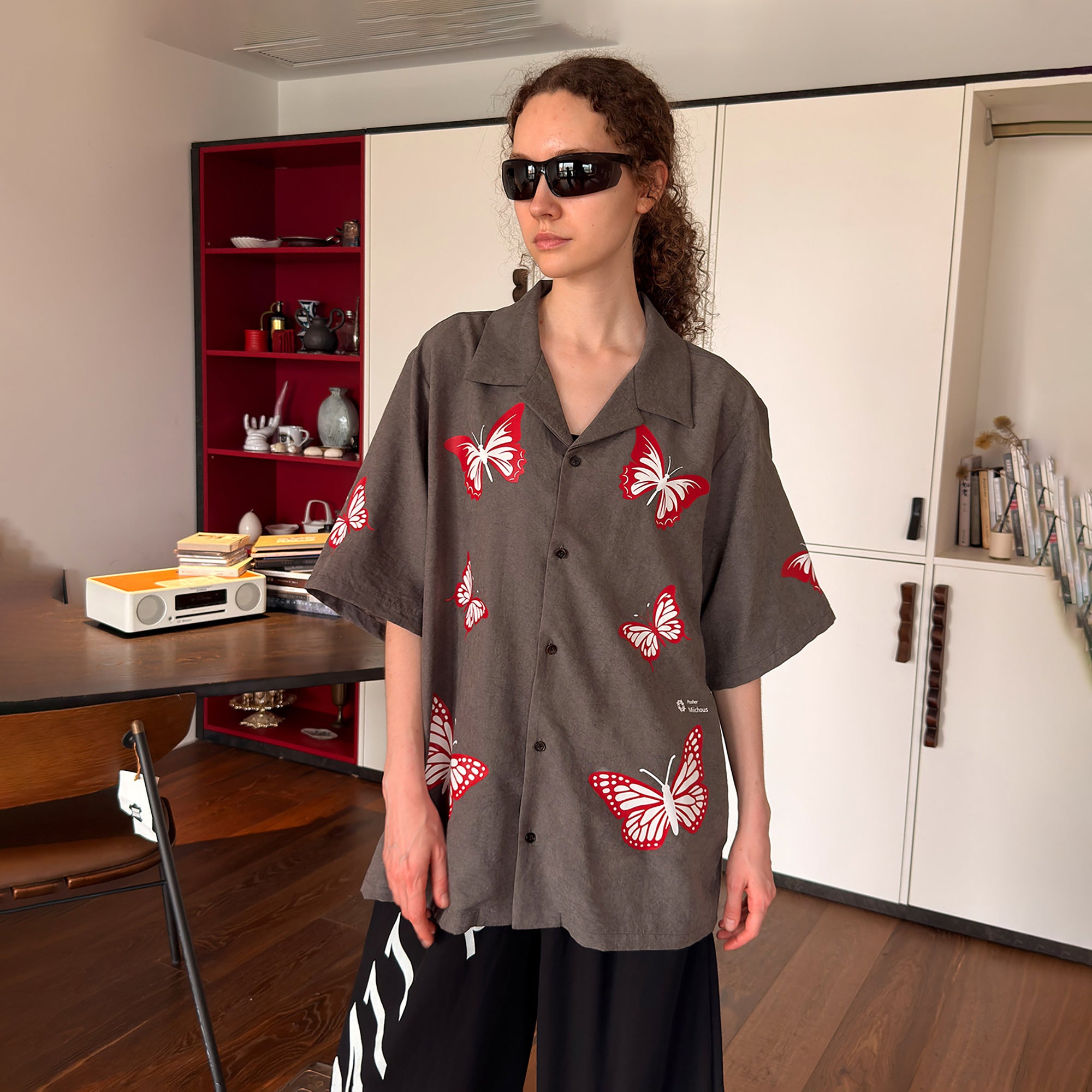 MIICHOUS Butterfly Graphic Satin Half Shirt, premium urban and streetwear designers apparel on PROJECTISR.com, MIICHOUS