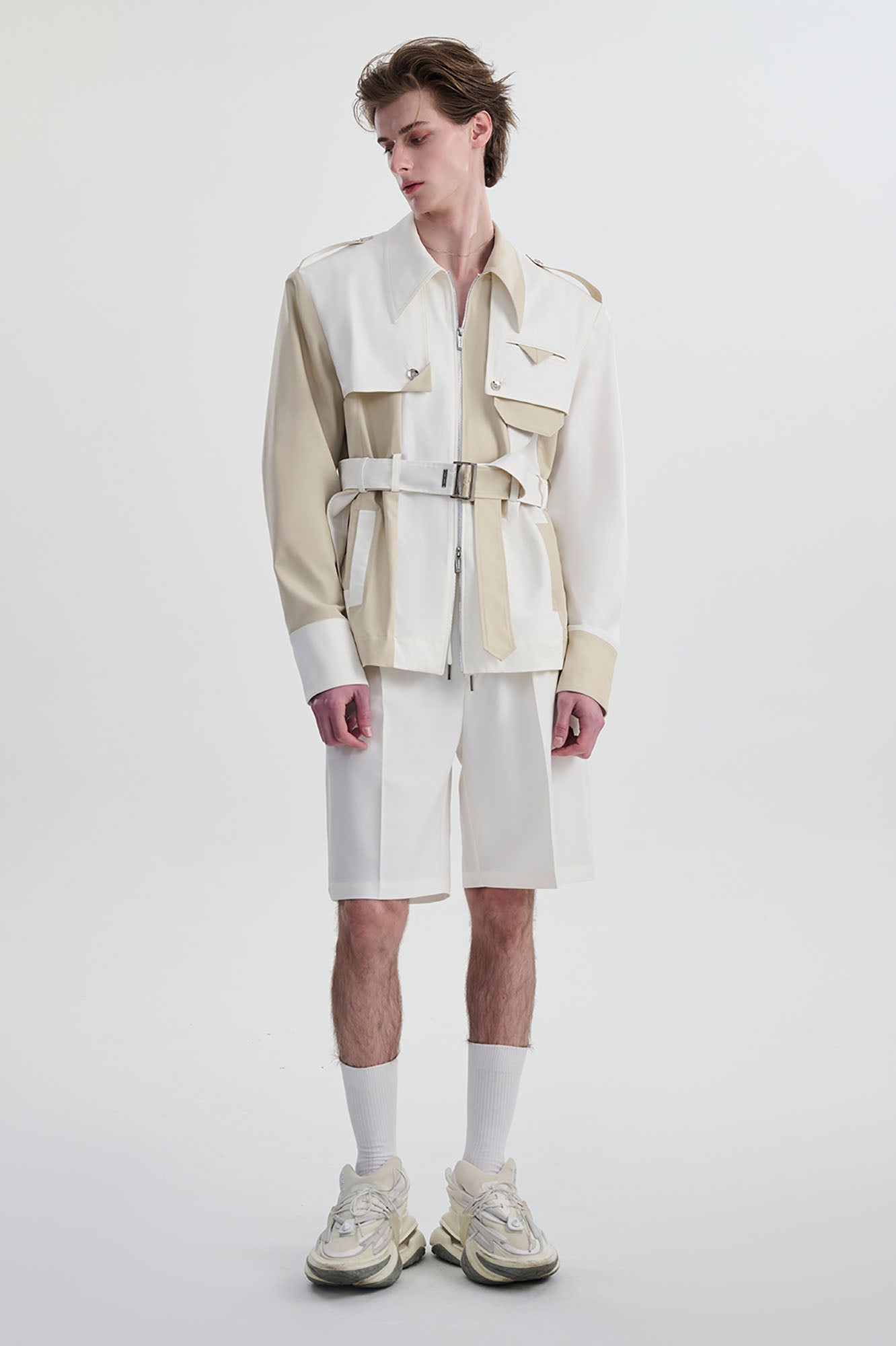 TIWILLTANG Contrast Deconstructed Belted Zip-Up Shirt