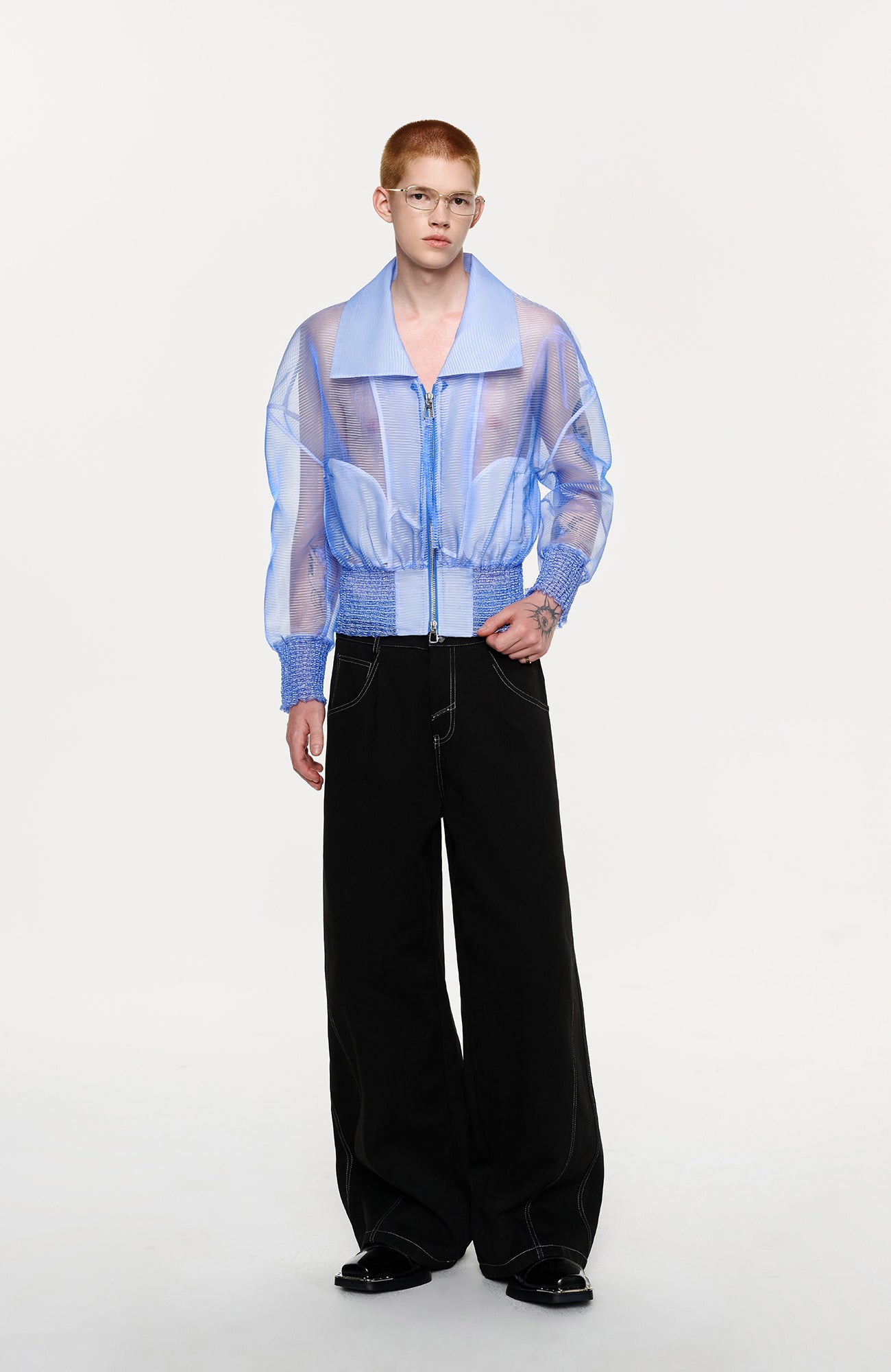 TIWILLTANG Sheer Zip-Up Cropped Jacket