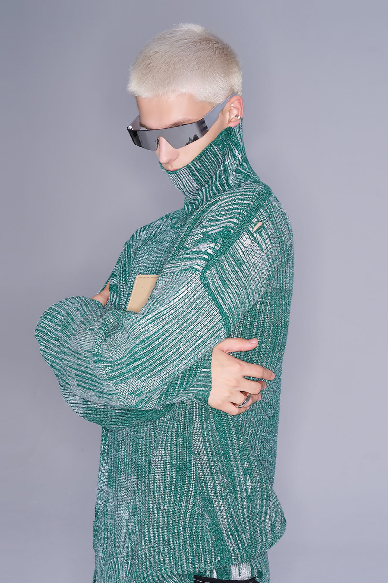 TIWILLTANG Distressed Foil High-Neck Sweater