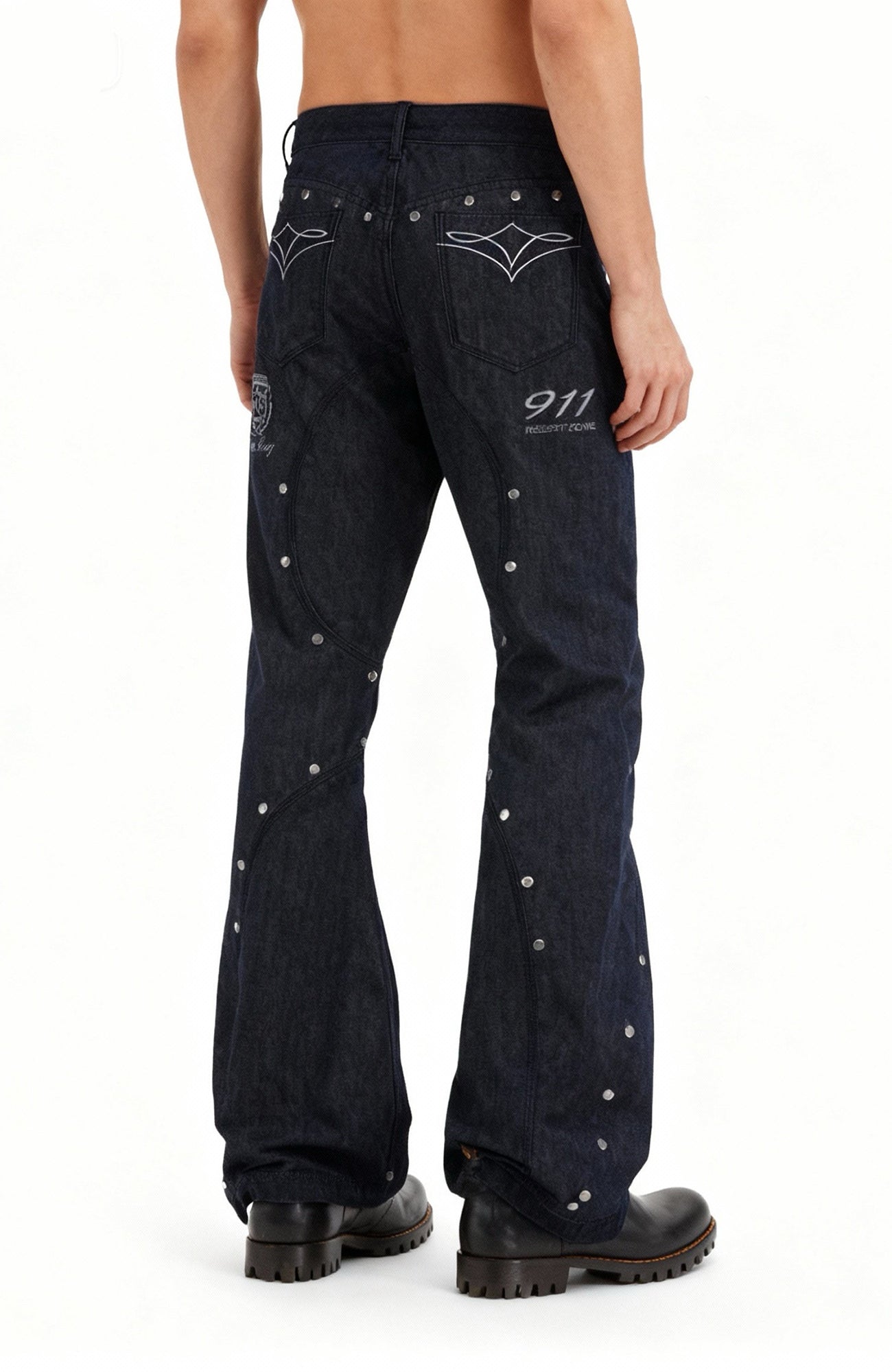 REGEN ZONE Racing Embroidered Studded Deconstructed Curved Jeans