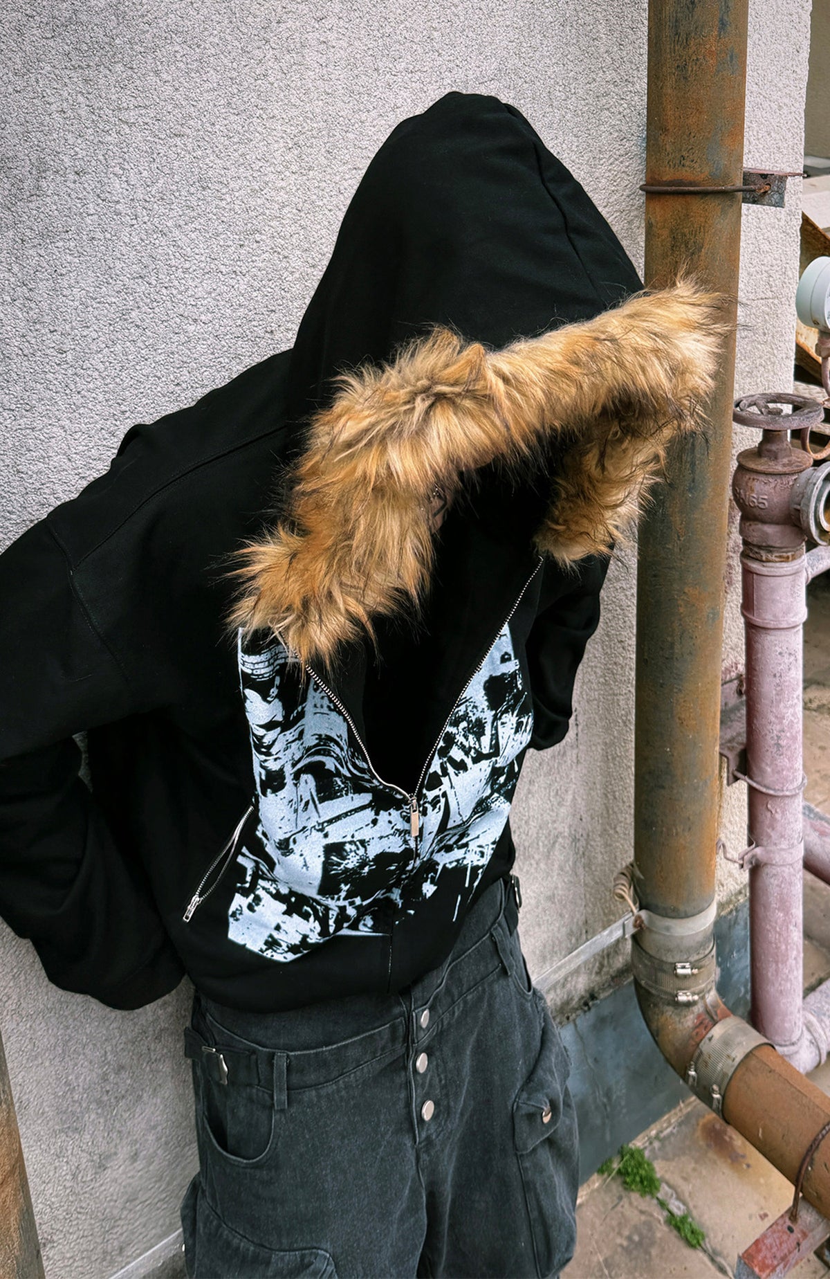 PAIKI Retro Band Graphic Faux Fur Collar Zip-Up Hoodie