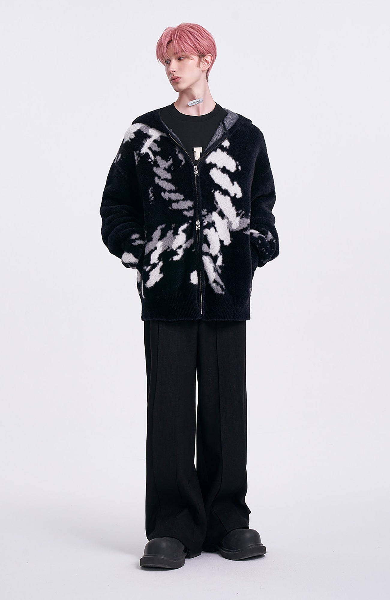 TIWILLTANG Contrast Jacquard Fuzzy Hooded Jacket