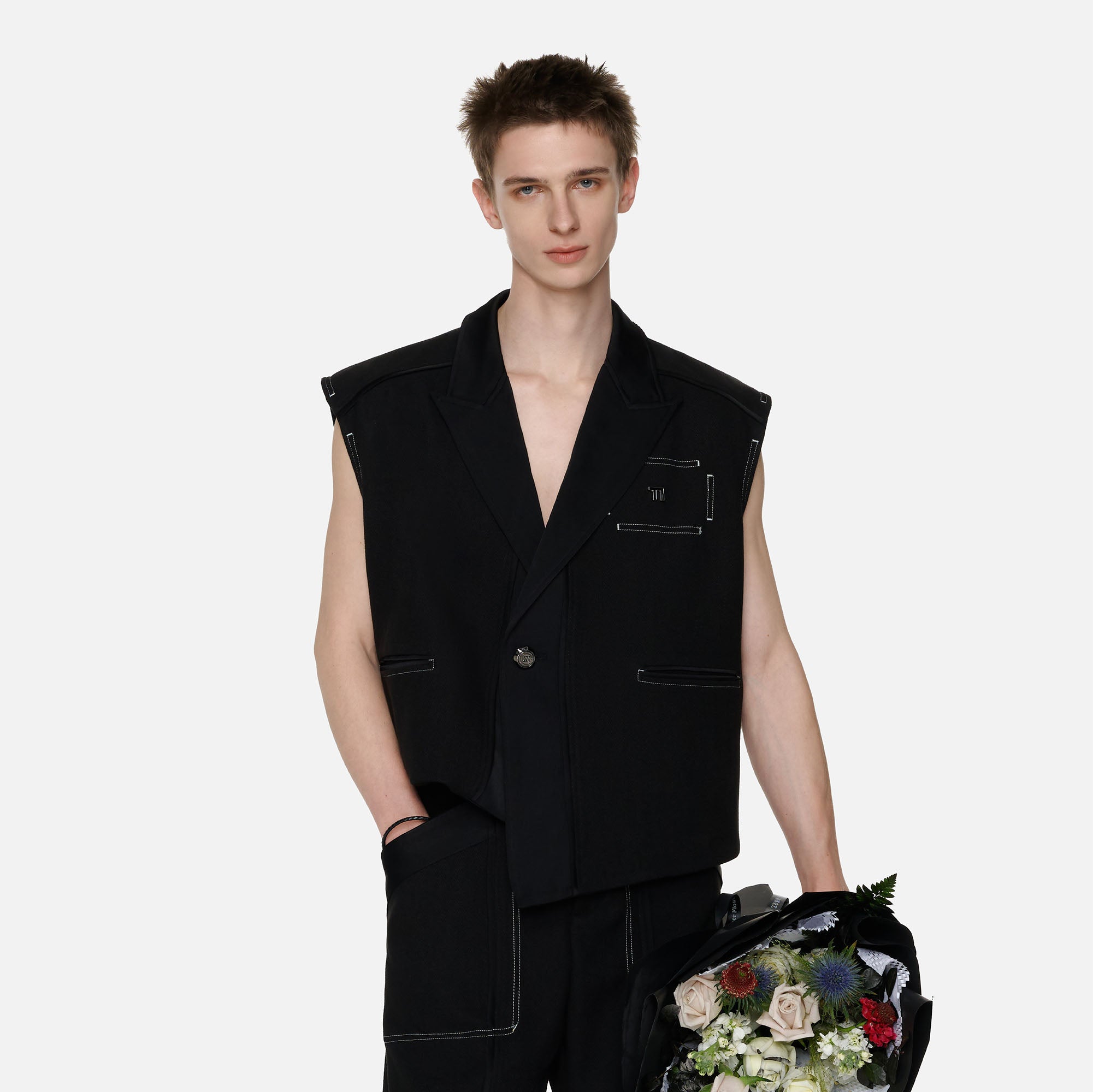 TIWILLTANG Asymmetrical Lapel Vest Black, premium urban and streetwear designers apparel on PROJECTISR.com, TIWILLTANG