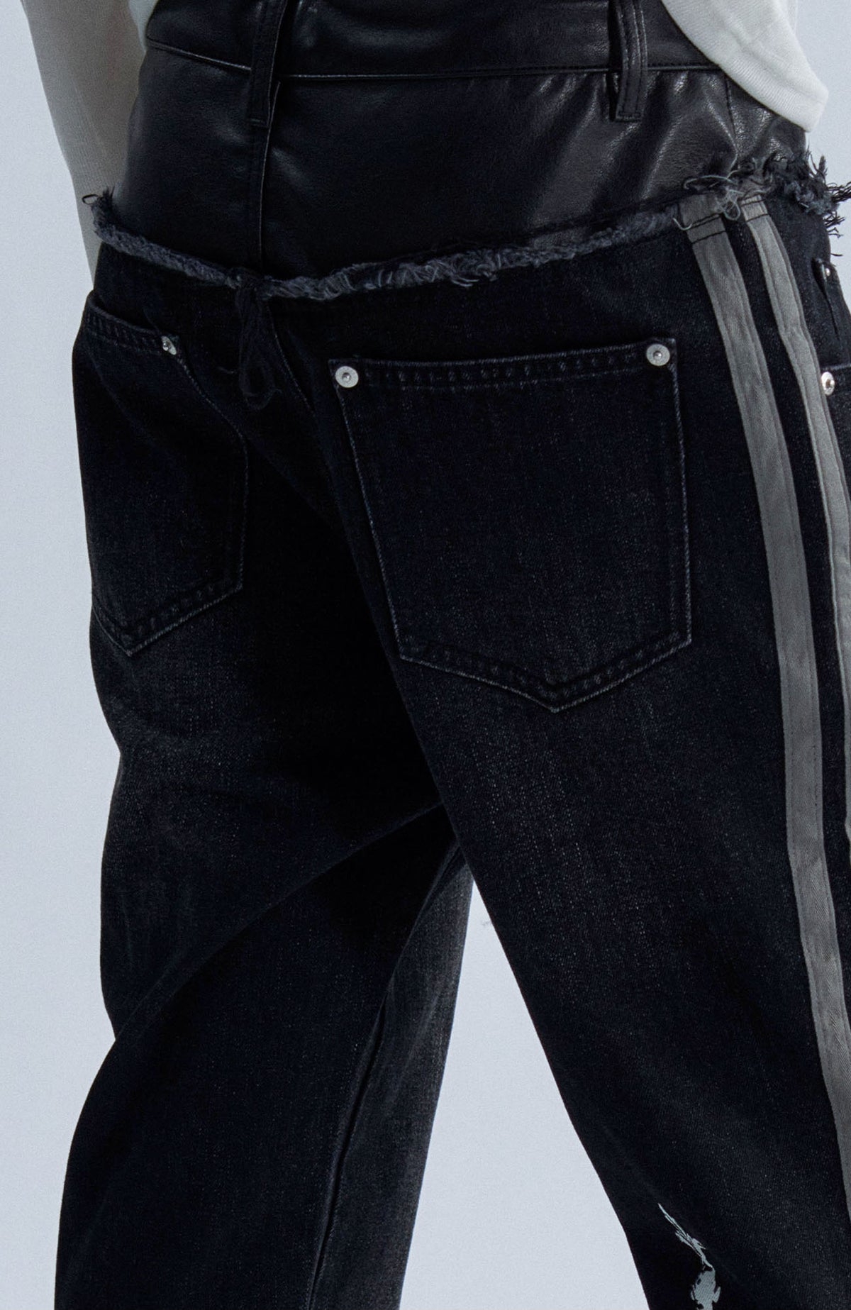 PAIKI Totem Graphic Spliced Faux Fur Frayed Washed Flared Jeans