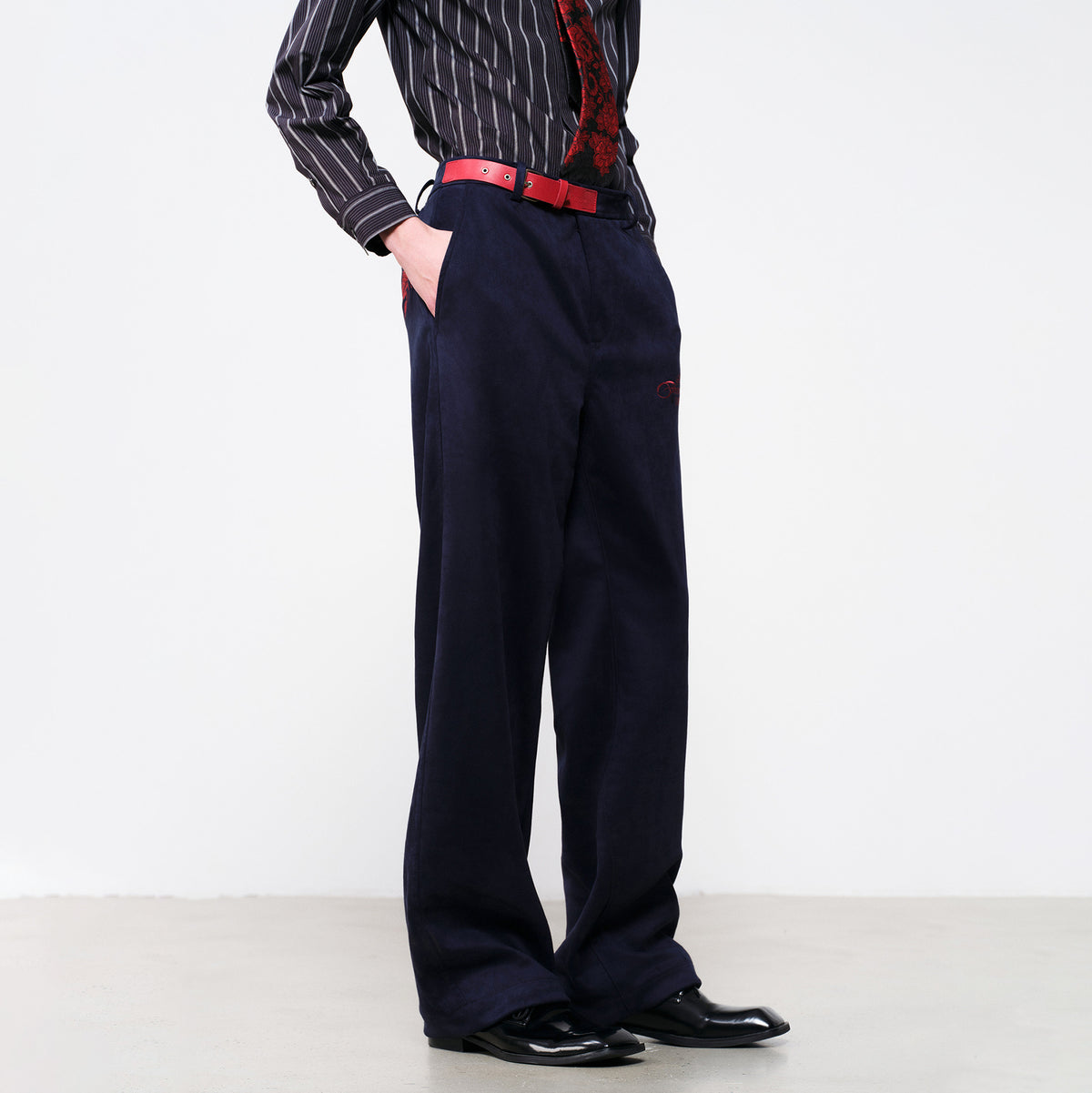 FACEONLAB Embroidered Straight-Leg Faux Leather Pants