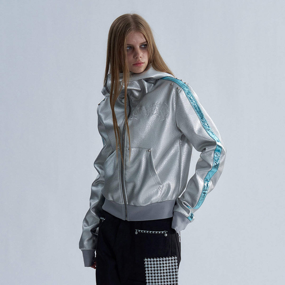 PAIKI Embroidered Studded Zip-Up Hooded Faux Leather Jacket