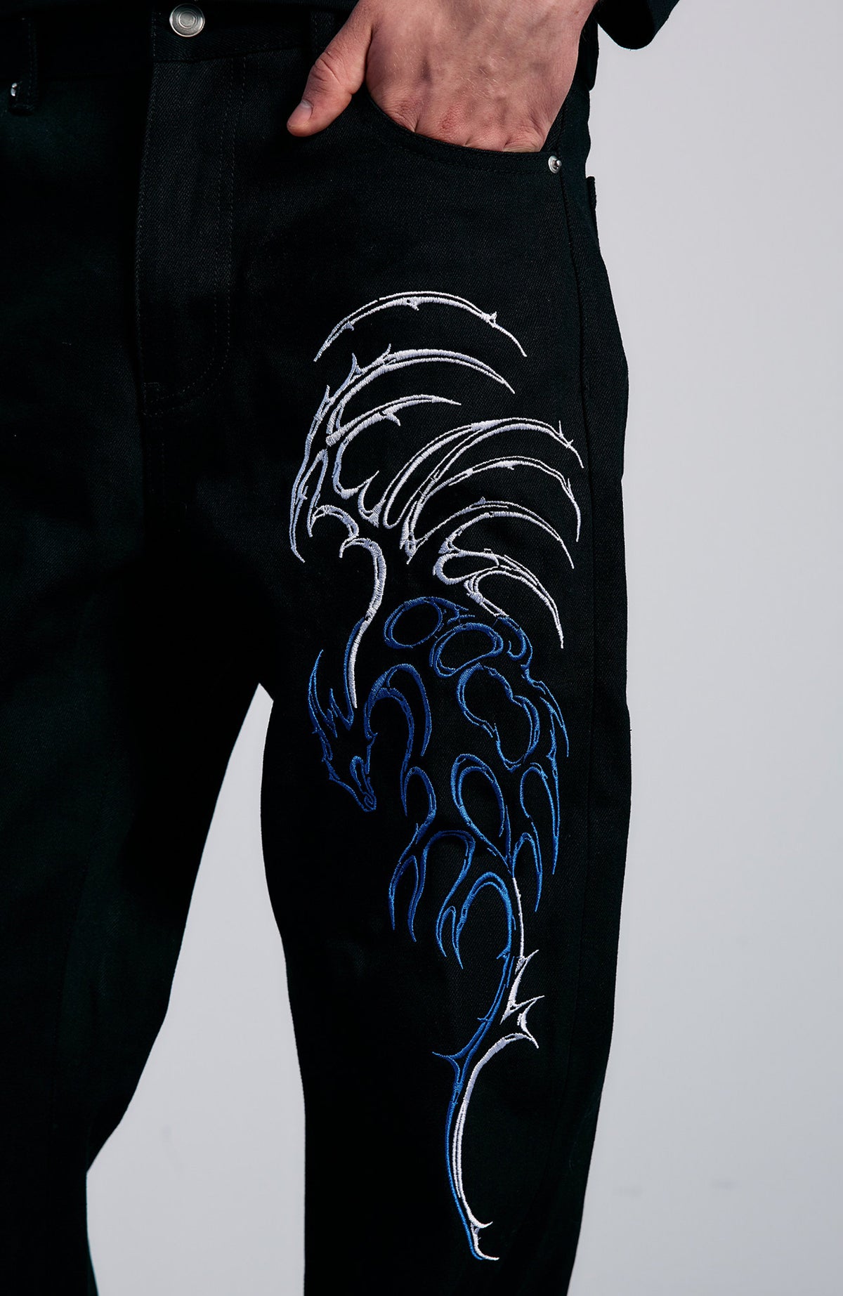 PAIKI Embroidered Thorn Floral Raw Selvedge Straight-Leg Jeans