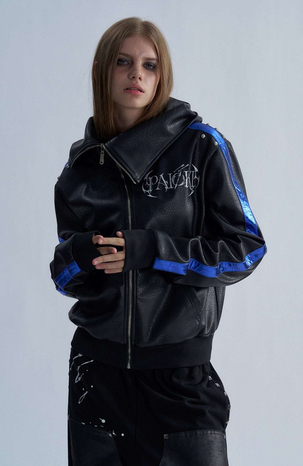 PAIKI Embroidered Studded Zip-Up Hooded Faux Leather Jacket