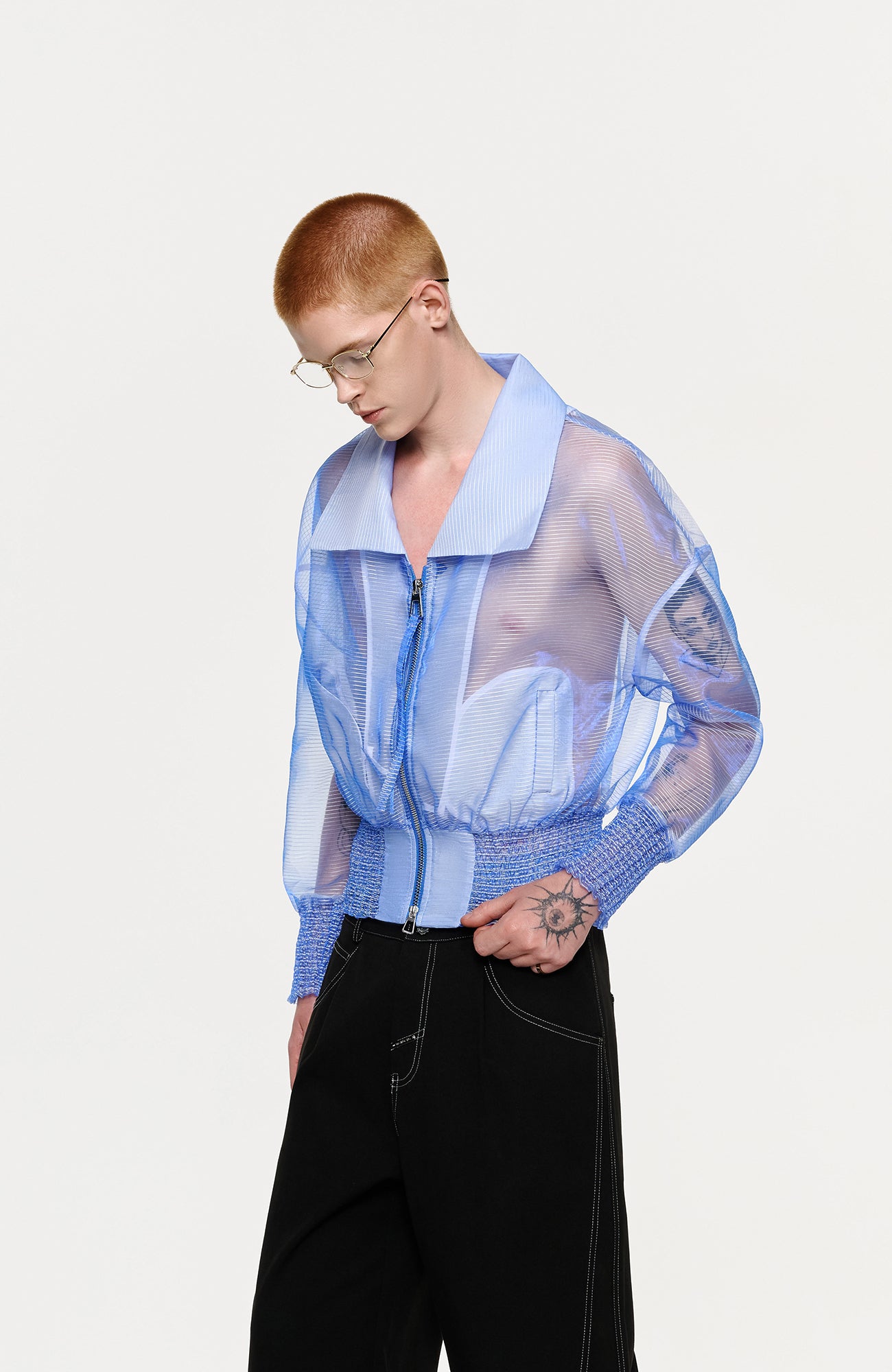 TIWILLTANG Sheer Zip-Up Cropped Jacket