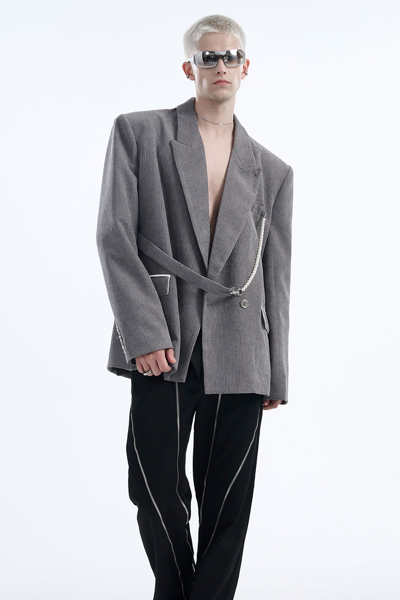 TIWILLTANG Asymmetrical Strap Pearl-Chain Corduroy Blazer