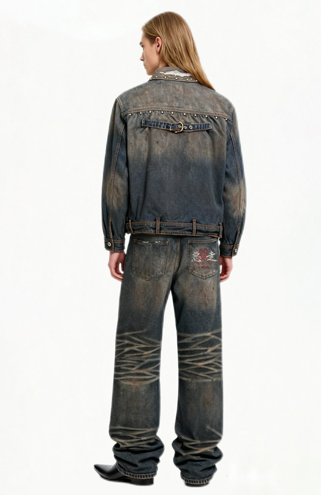 REGEN ZONE Distressed Whisker Baggy Wide-Leg Jeans