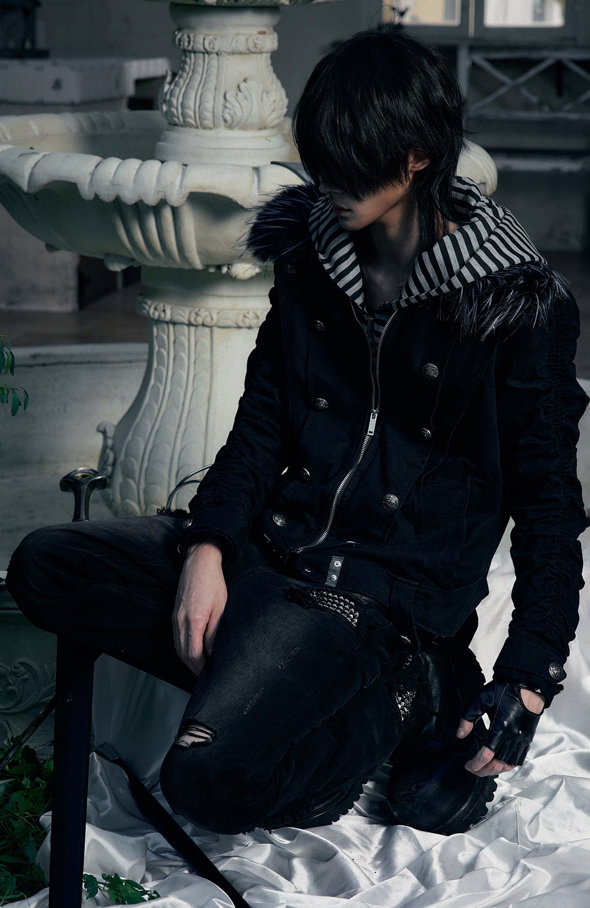 PAIKI Detachable Fur-Collar Canvas Double-Breasted Jacket