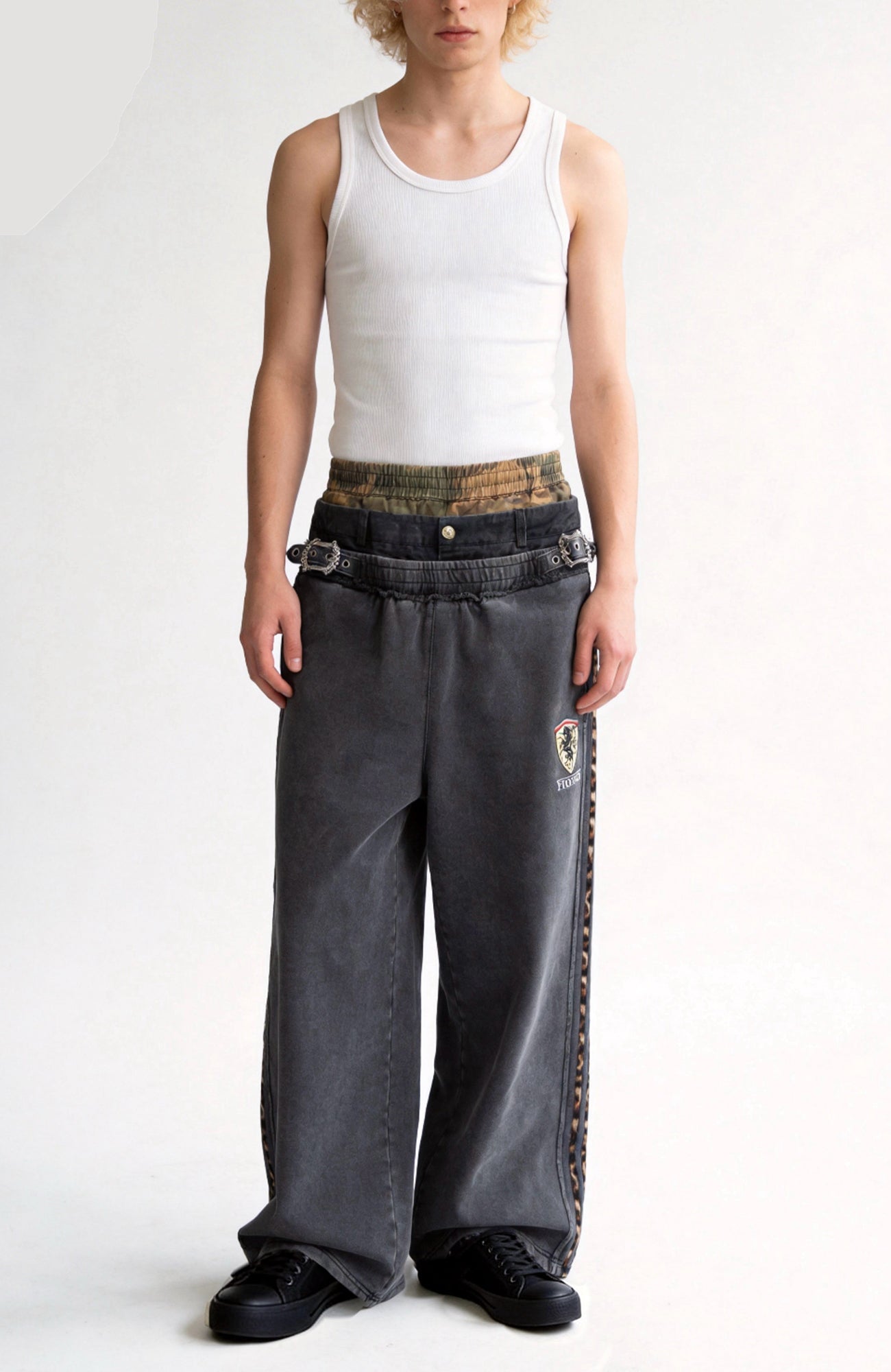 REGEN ZONE Spliced Leopard Camo Striped Sweatpants