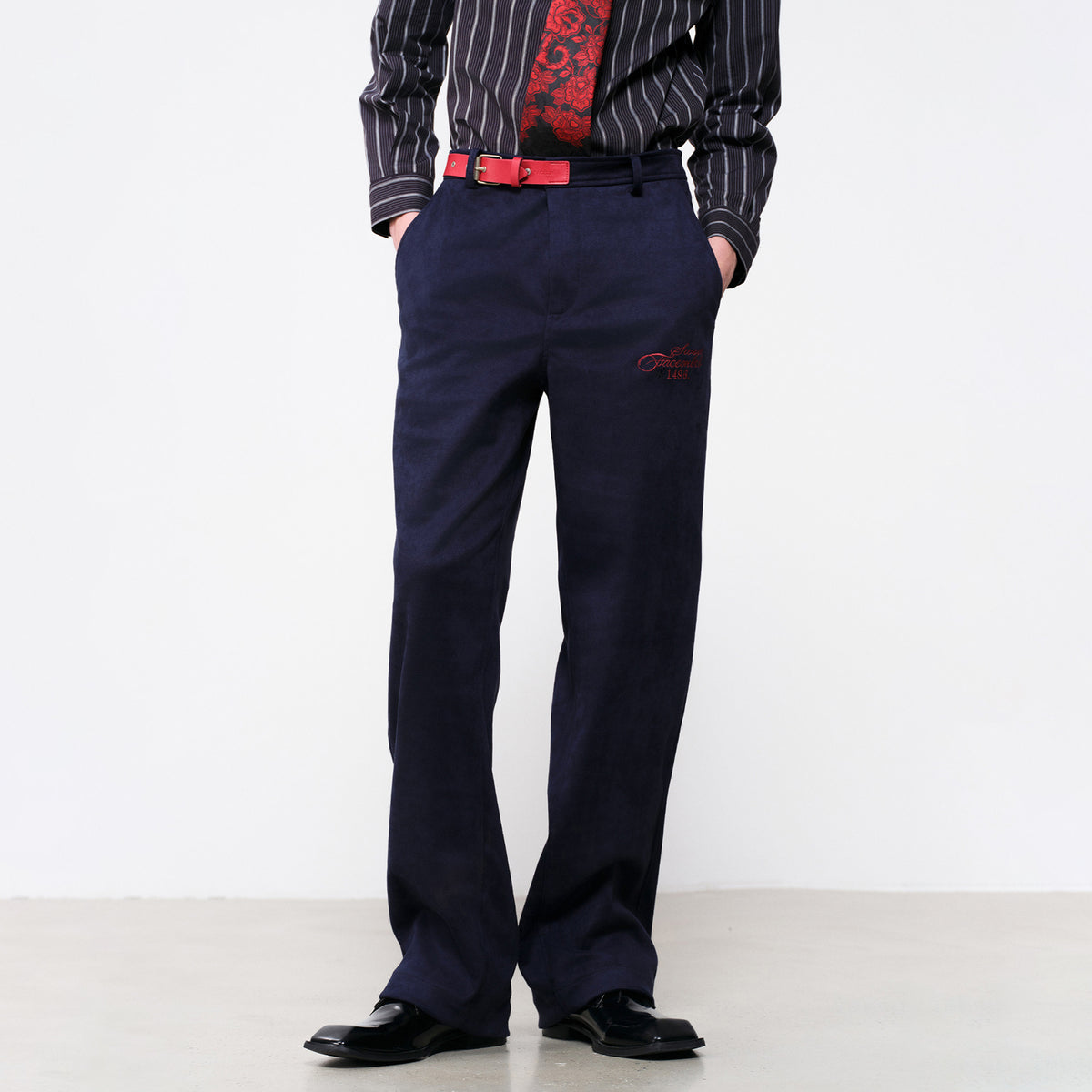 FACEONLAB Embroidered Straight-Leg Faux Leather Pants