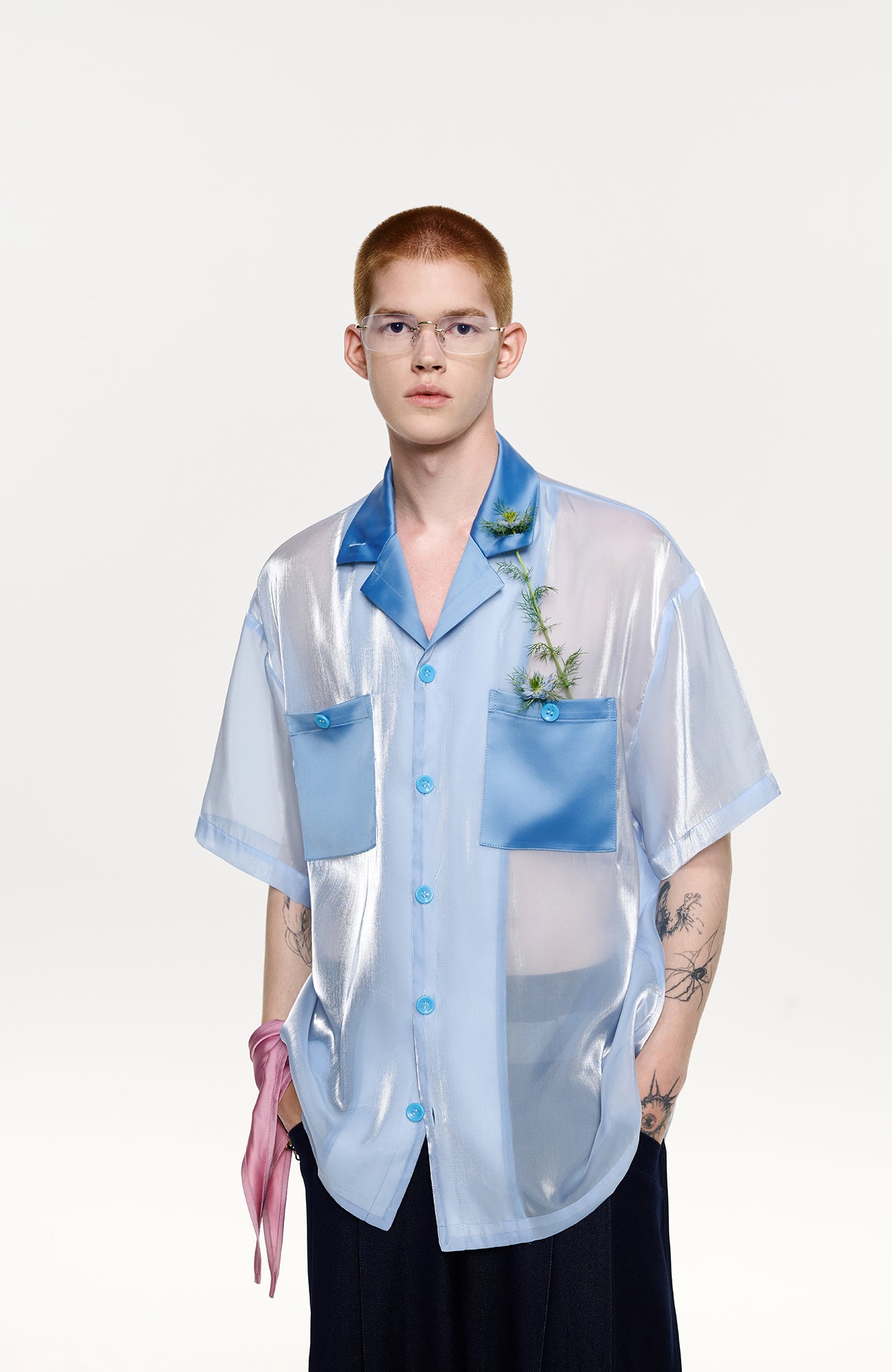 TIWILLTANG Contrast Tie-Neck Sheer Half Shirt