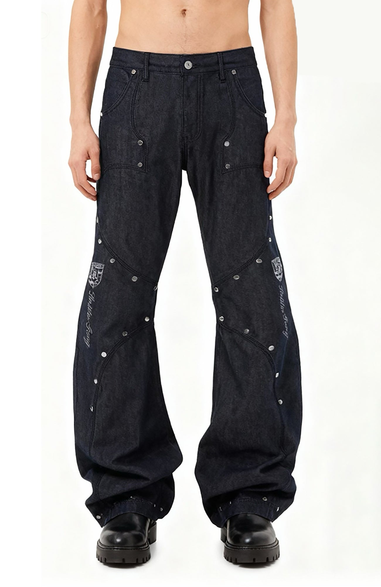 REGEN ZONE Racing Embroidered Studded Deconstructed Curved Jeans