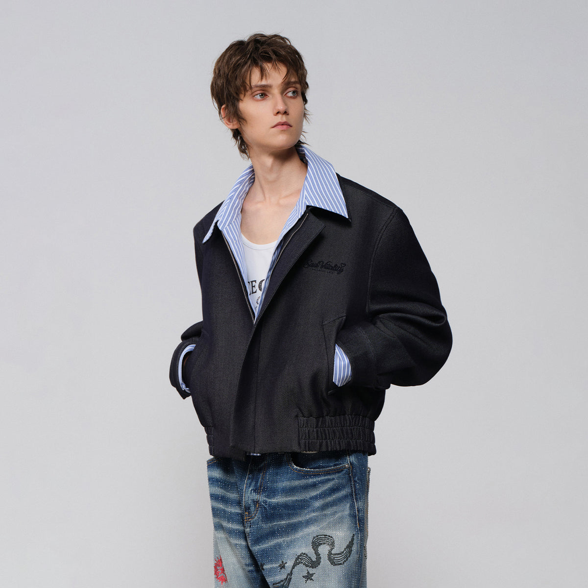 FACEONLAB Embroidered Spliced Shirt Jacket