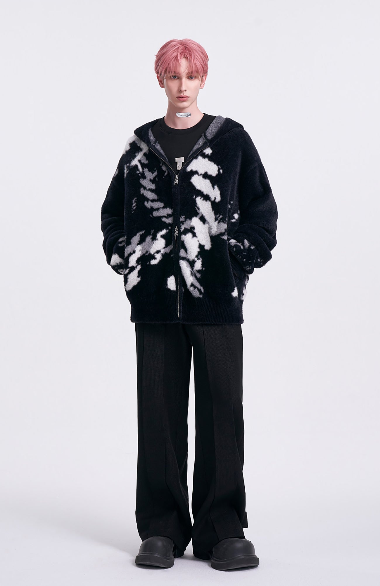 TIWILLTANG Contrast Jacquard Fuzzy Hooded Jacket