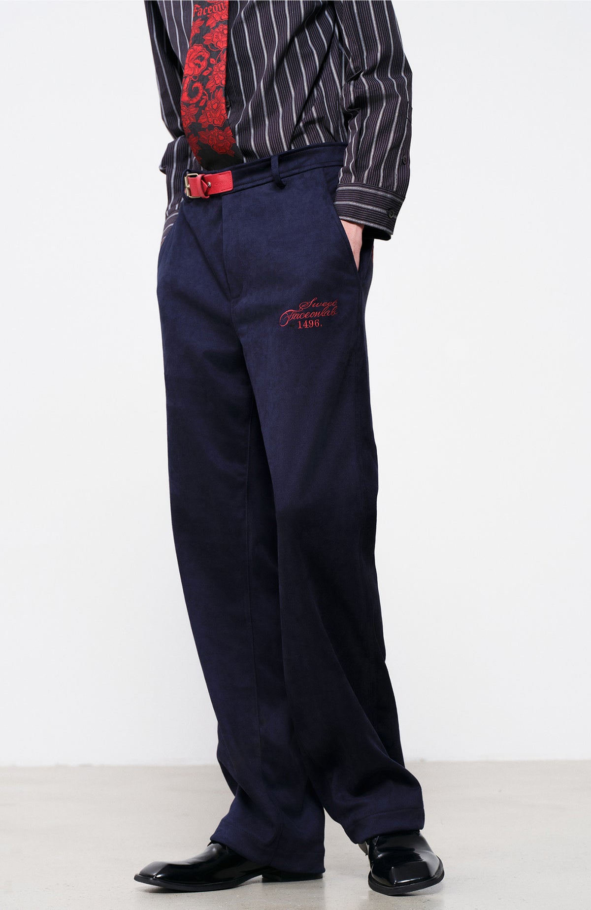 FACEONLAB Embroidered Straight-Leg Faux Leather Pants