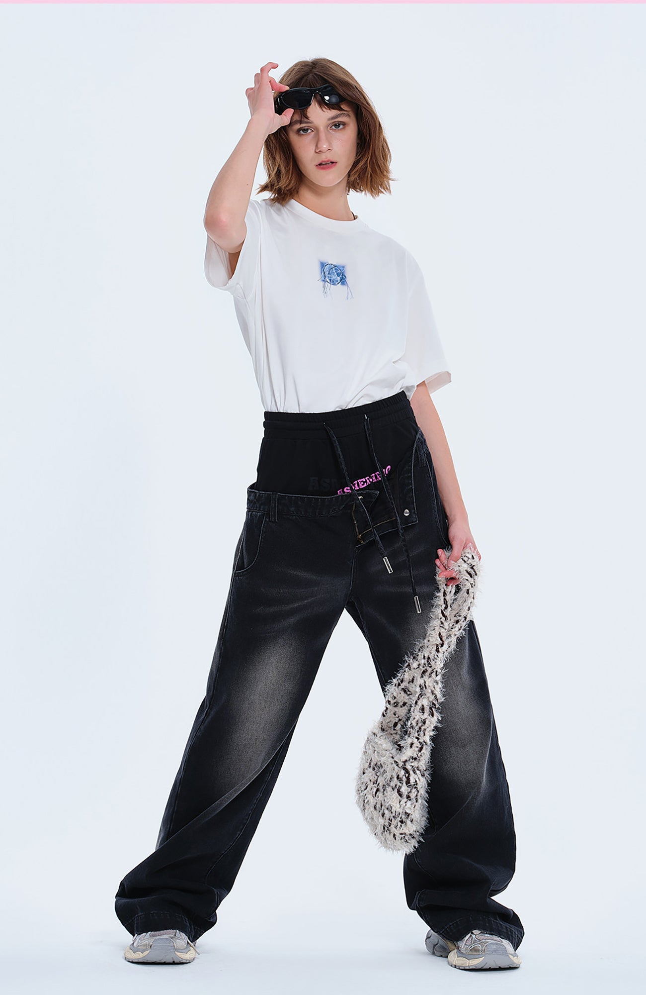 TIWILLTANG Layered Sweatband Washed Denim Pants