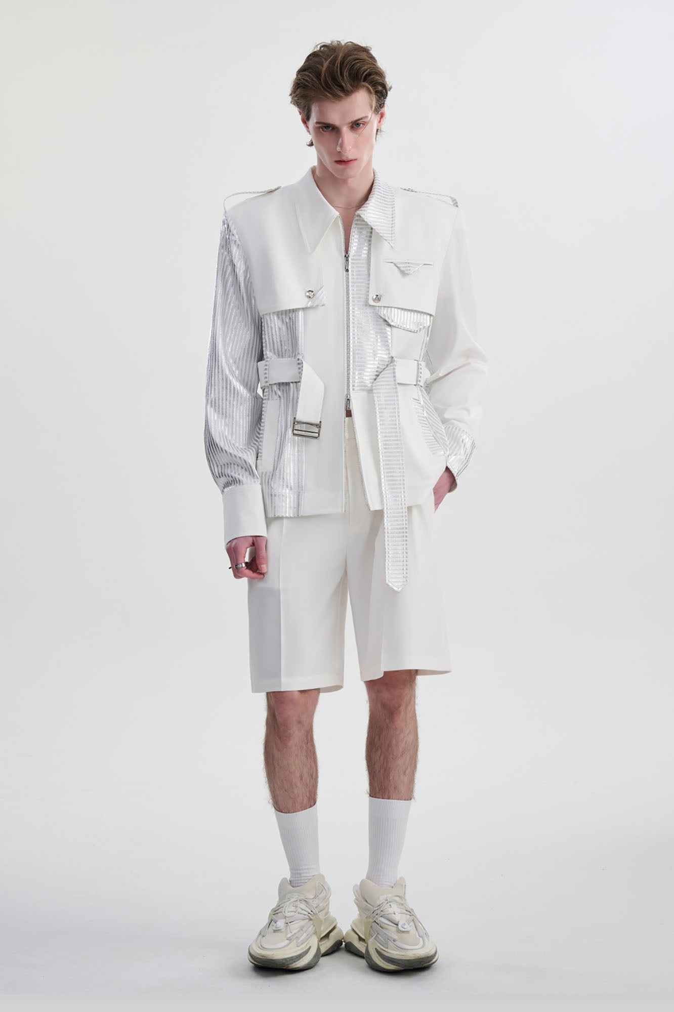 TIWILLTANG Contrast Deconstructed Belted Zip-Up Shirt