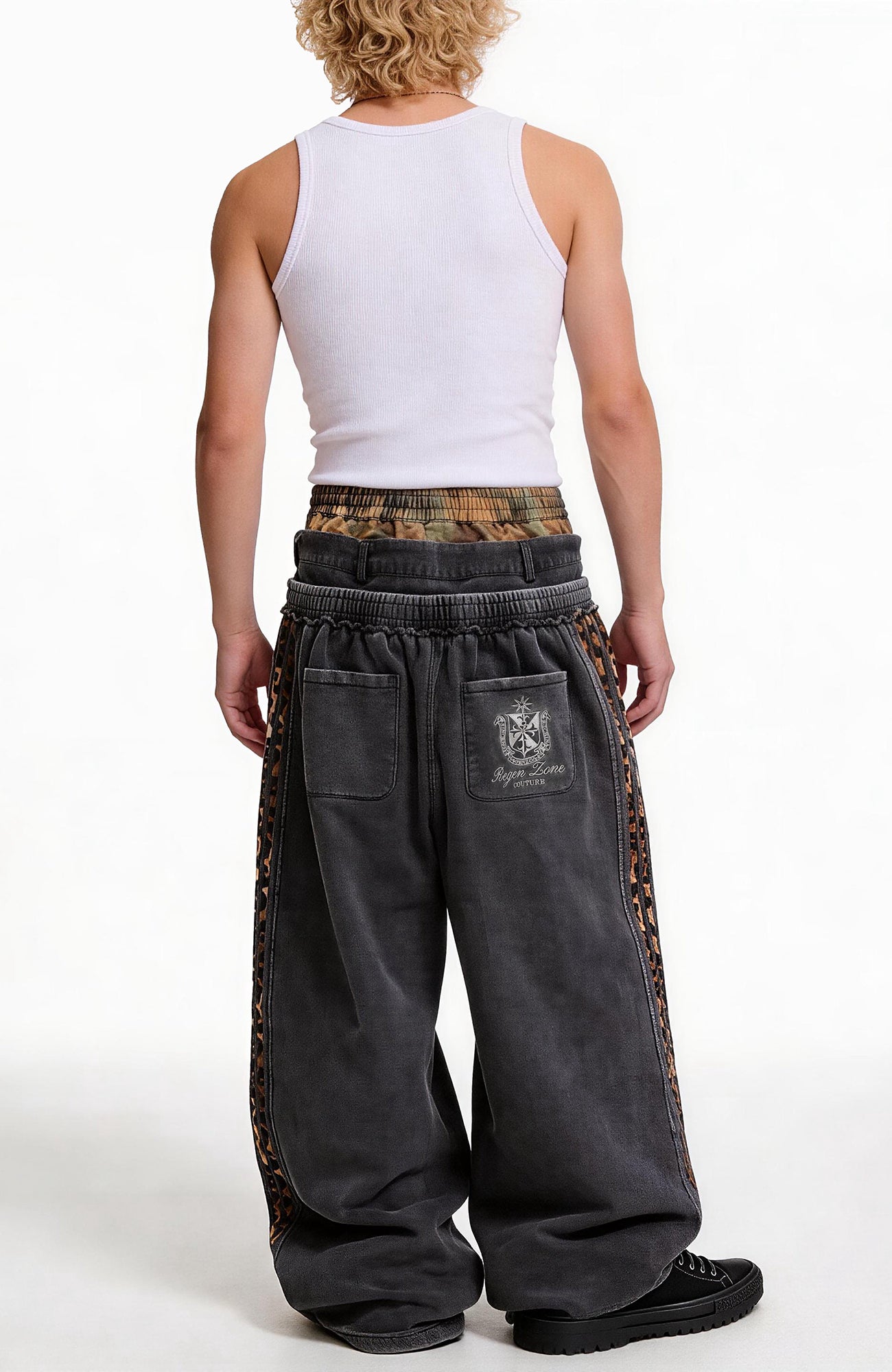 REGEN ZONE Spliced Leopard Camo Striped Sweatpants