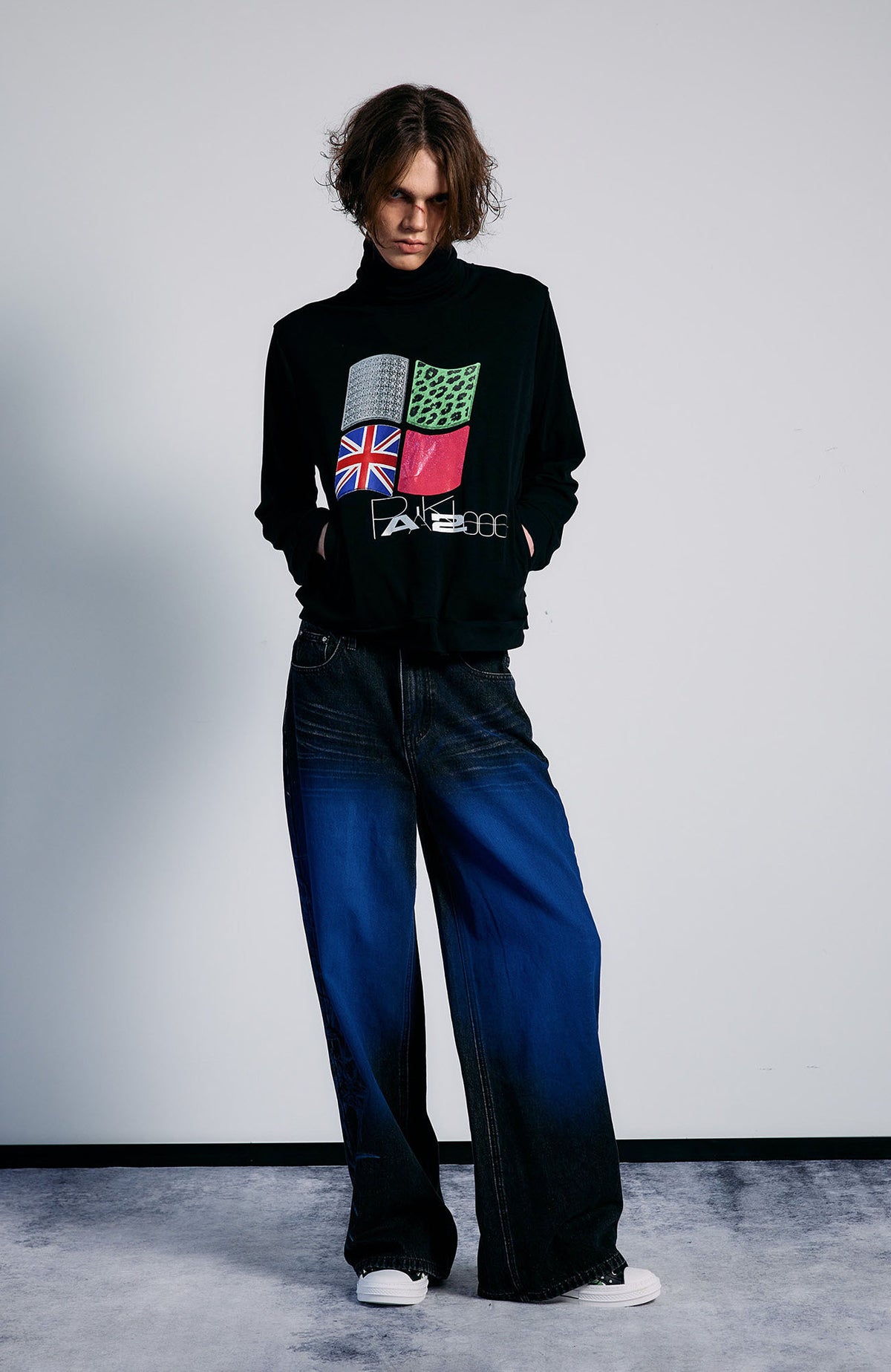 PAIKI Washed Flame Totem Baggy Straight-Leg Jeans