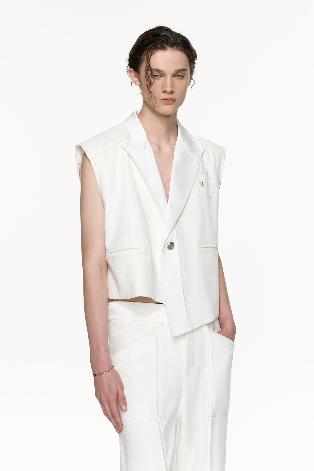 TIWILLTANG Asymmetrical Lapel Vest White, premium urban and streetwear designers apparel on PROJECTISR.com, TIWILLTANG