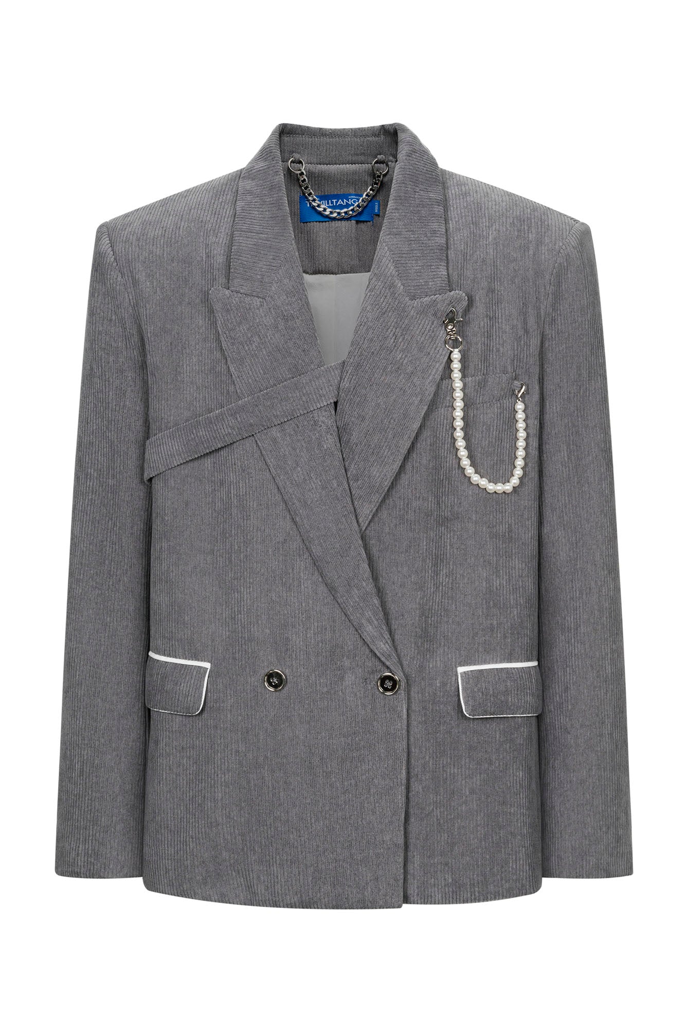 TIWILLTANG Asymmetrical Strap Pearl-Chain Corduroy Blazer