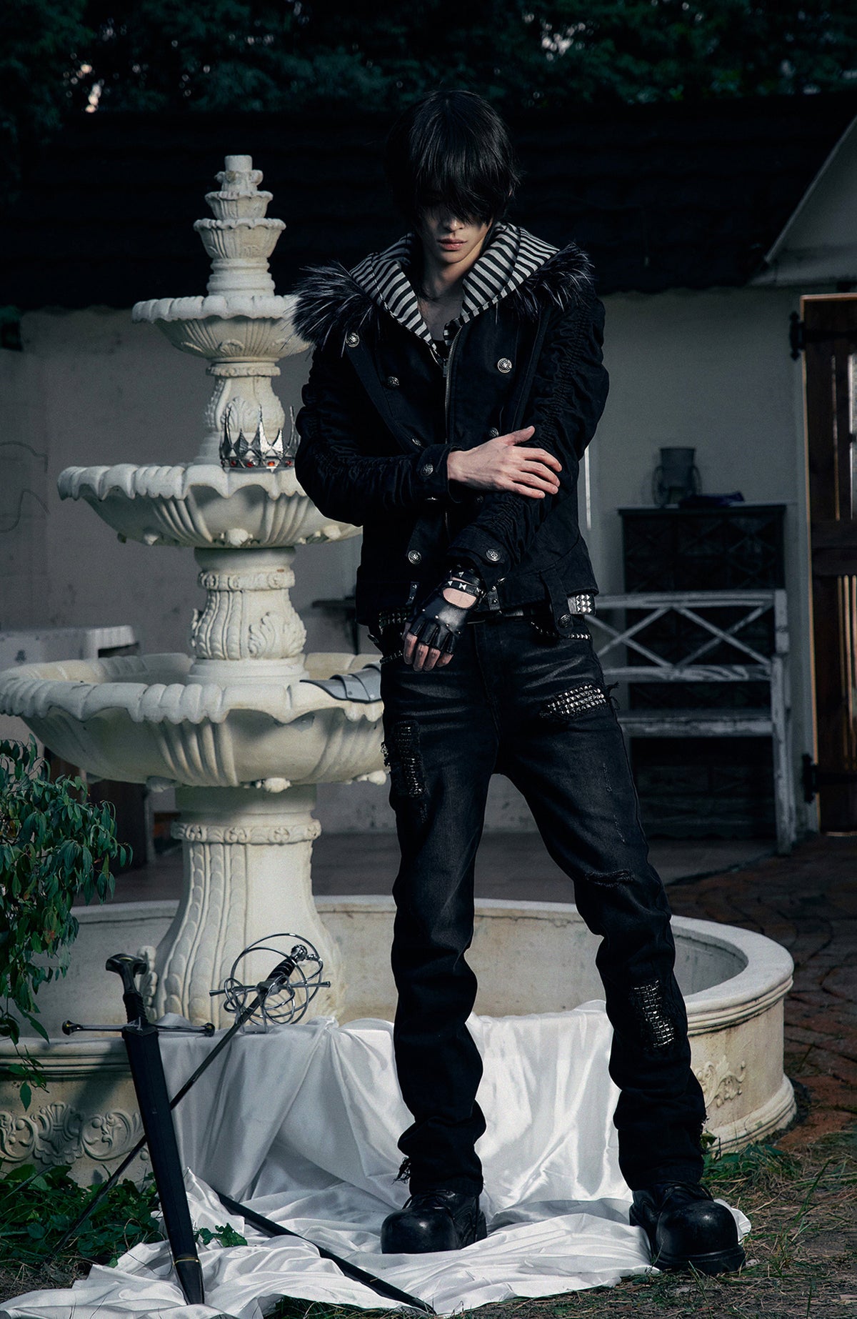 PAIKI Detachable Fur-Collar Canvas Double-Breasted Jacket