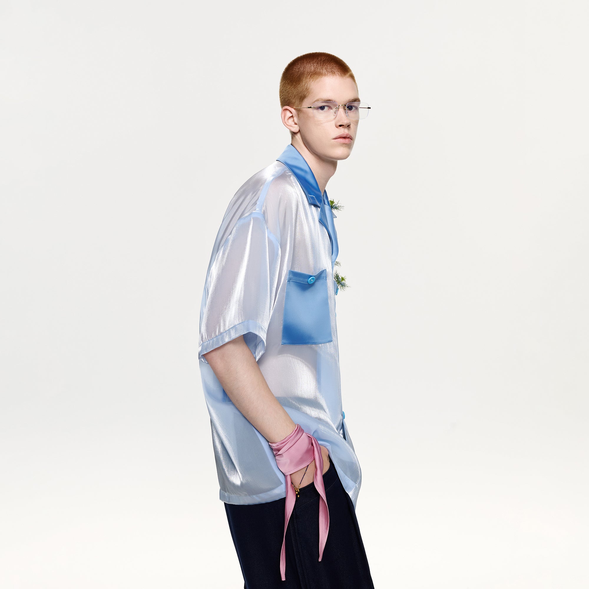 TIWILLTANG Contrast Tie-Neck Sheer Half Shirt