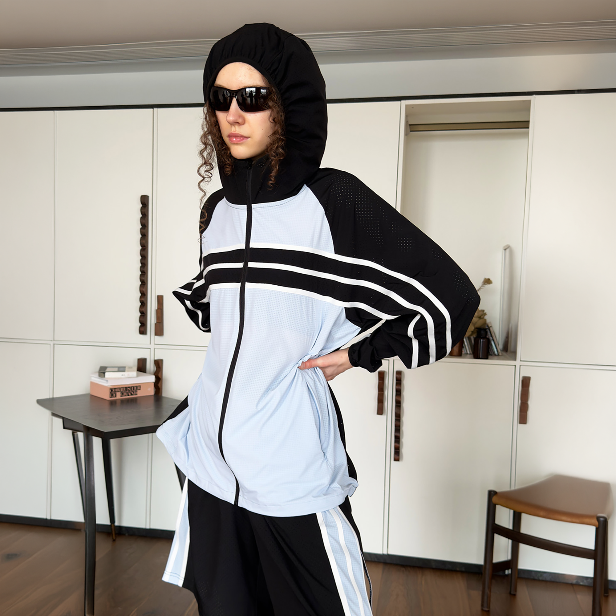 MIICHOUS Contrast Stripes Hooded Sun Protection Jacket Set, premium urban and streetwear designers apparel on PROJECTISR.com, MIICHOUS