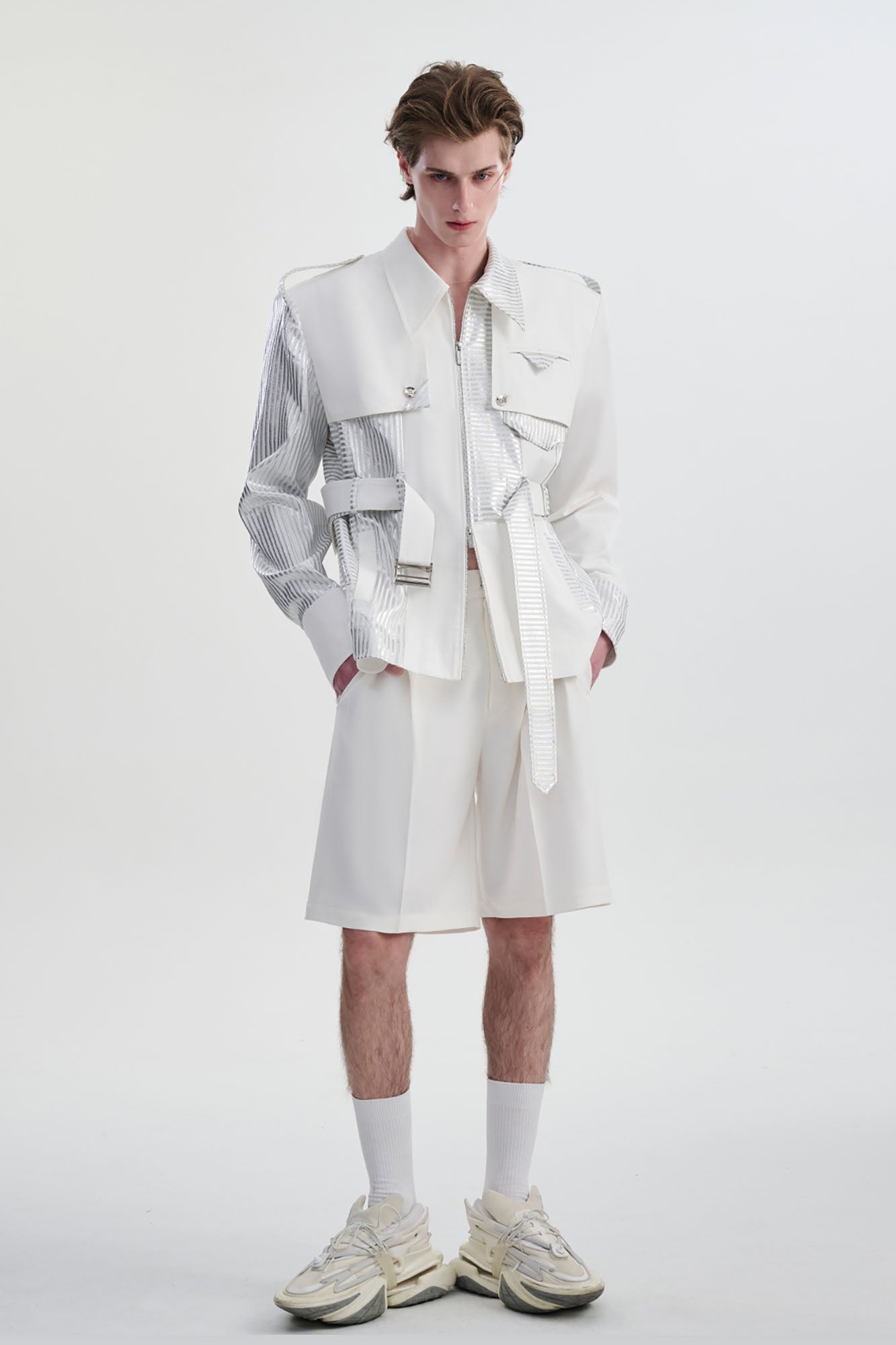 TIWILLTANG Contrast Deconstructed Belted Zip-Up Shirt