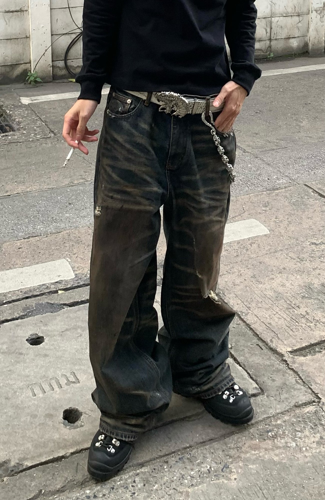 REGEN ZONE Distressed Whisker Baggy Wide-Leg Jeans