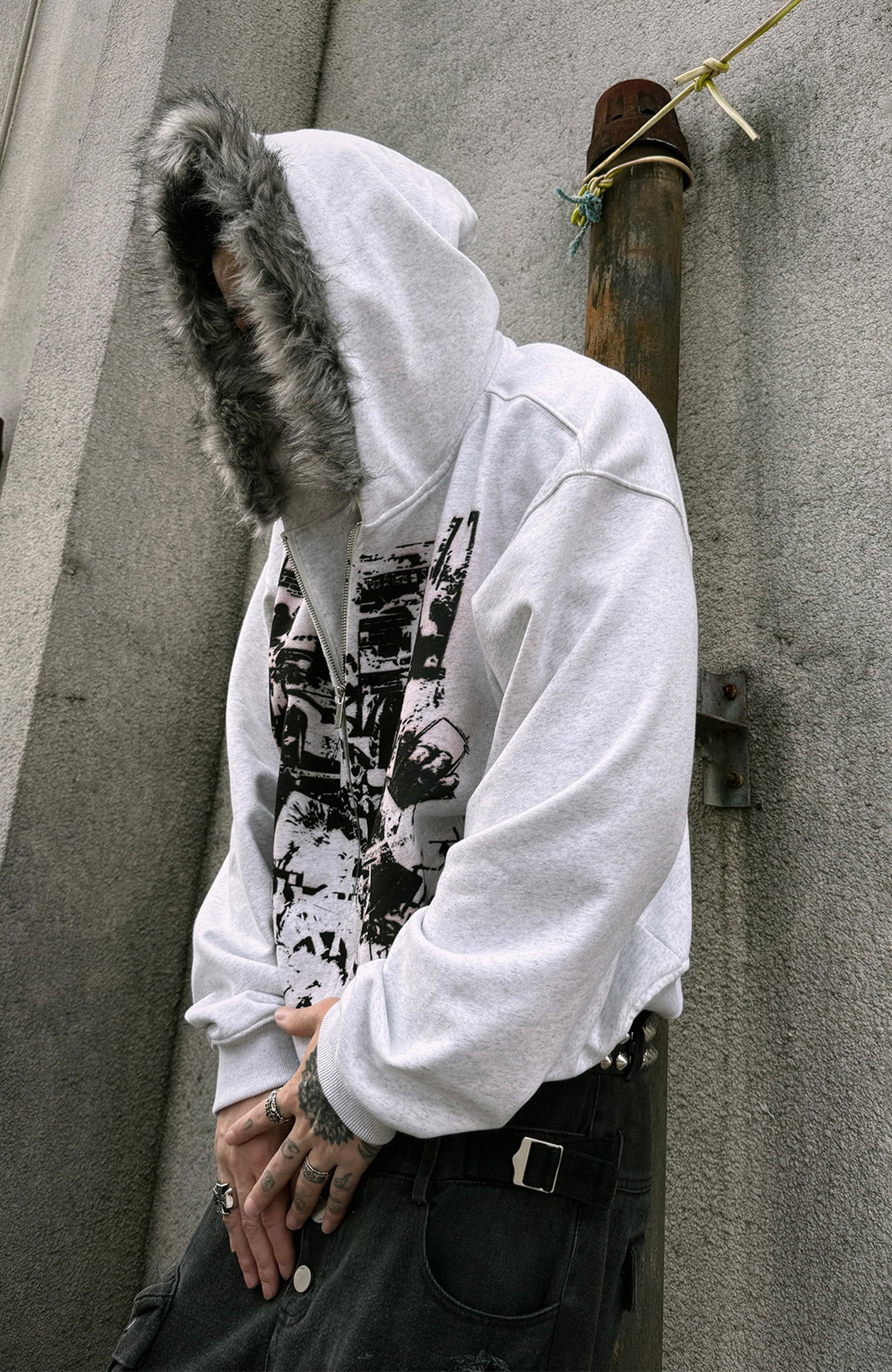 PAIKI Retro Band Graphic Faux Fur Collar Zip-Up Hoodie