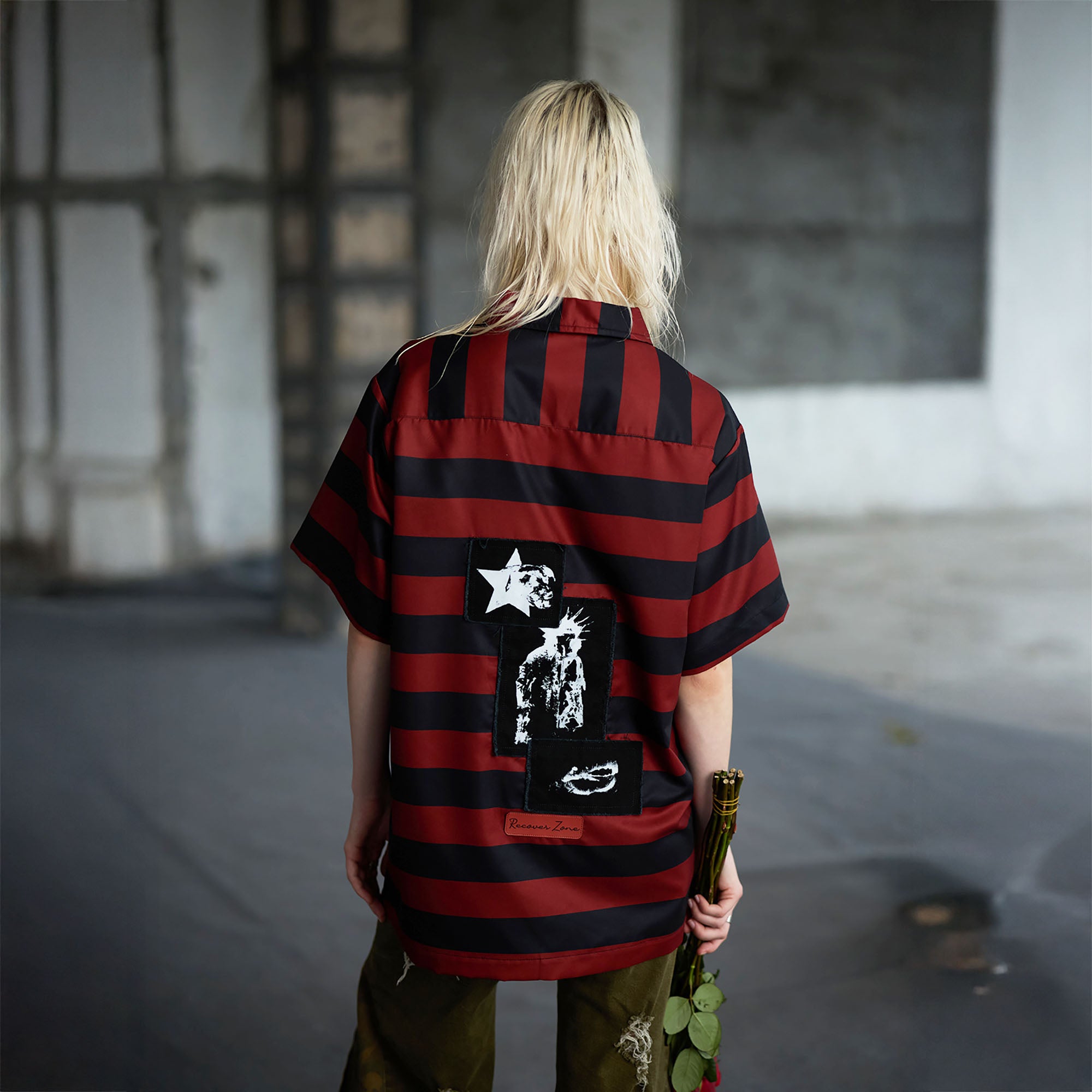 RECOVER ZONE Striped Punk Patch Half Shirt