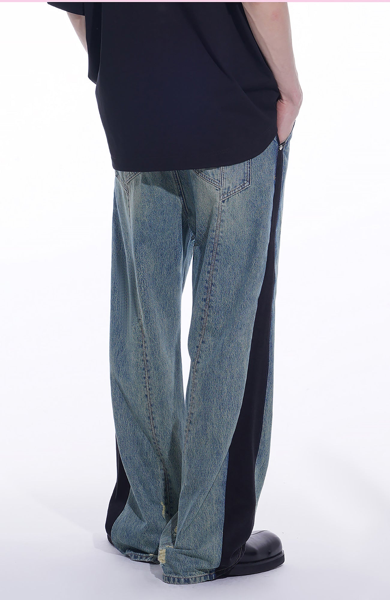 TIWILLTANG Distressed Contrast Paneled Wide-Leg Jeans, premium urban and streetwear designers apparel on PROJECTISR.com, TIWILLTANG