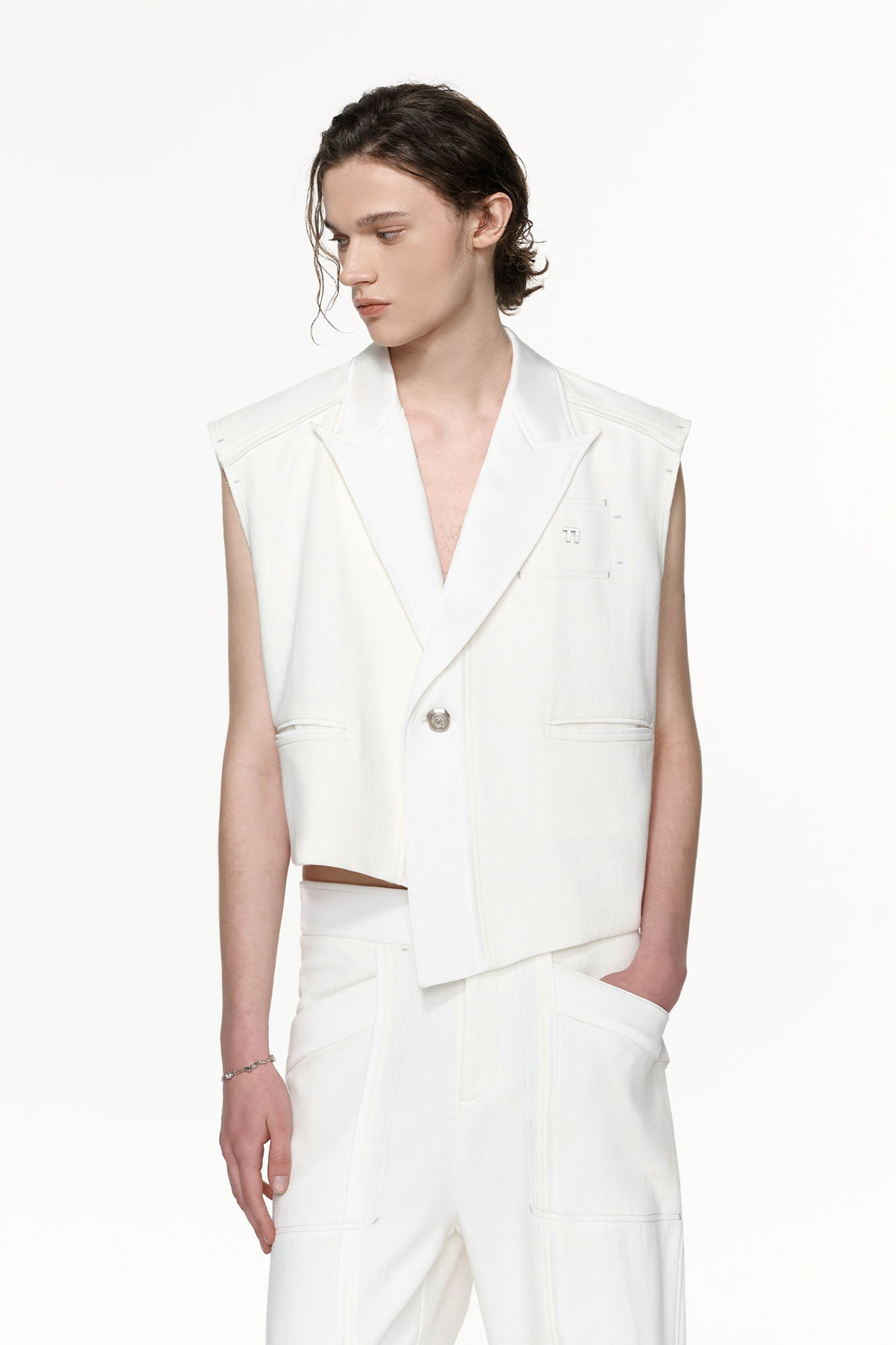 TIWILLTANG Asymmetrical Lapel Vest White, premium urban and streetwear designers apparel on PROJECTISR.com, TIWILLTANG